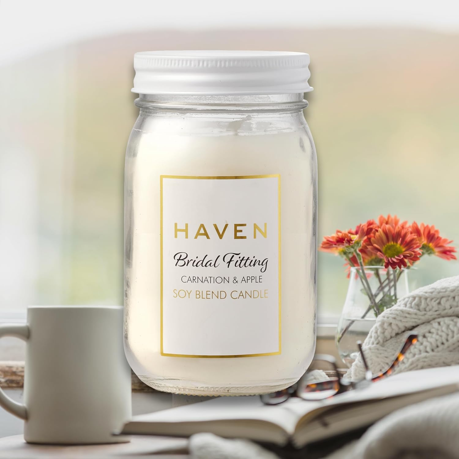 Haven Carnation & Apple Scented Candle - Natural, Non-Toxic Soy Wax Blend Candle in Glass Jar with White Lid - Aromatherapy Candle for Home Decor & Fragrance image number 3
