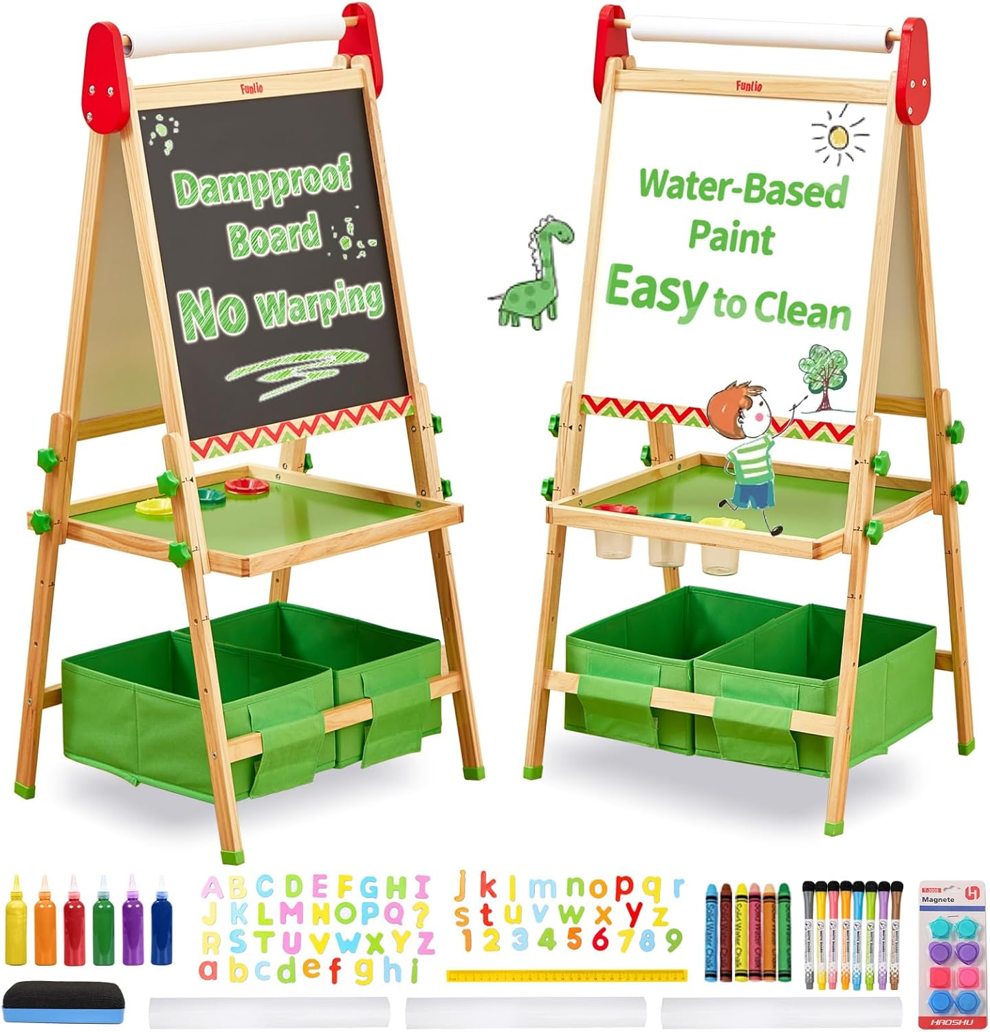FUNLIO Art Easel for Kids Aged 2-8, Anti-Warp Board & Erasable Frame, Toddler Painting Easel with Magnetic Chalkboard/Whiteboard, 3-Level Height Adjustable, All-In-One Standing Easel with Paper Roll