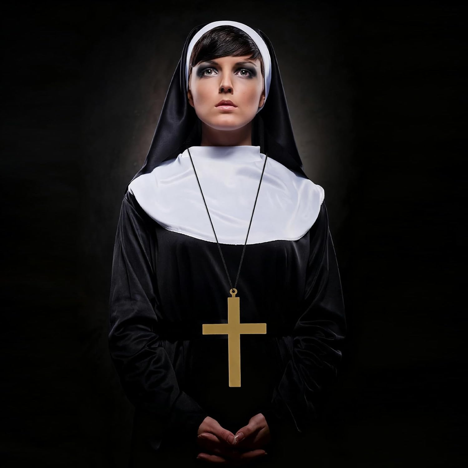 Sexy Nun Costume Woman Nun Headpiece Cross Necklace Earrings Thigh Highs Collar Sexy Halloween Costume Women Accessories