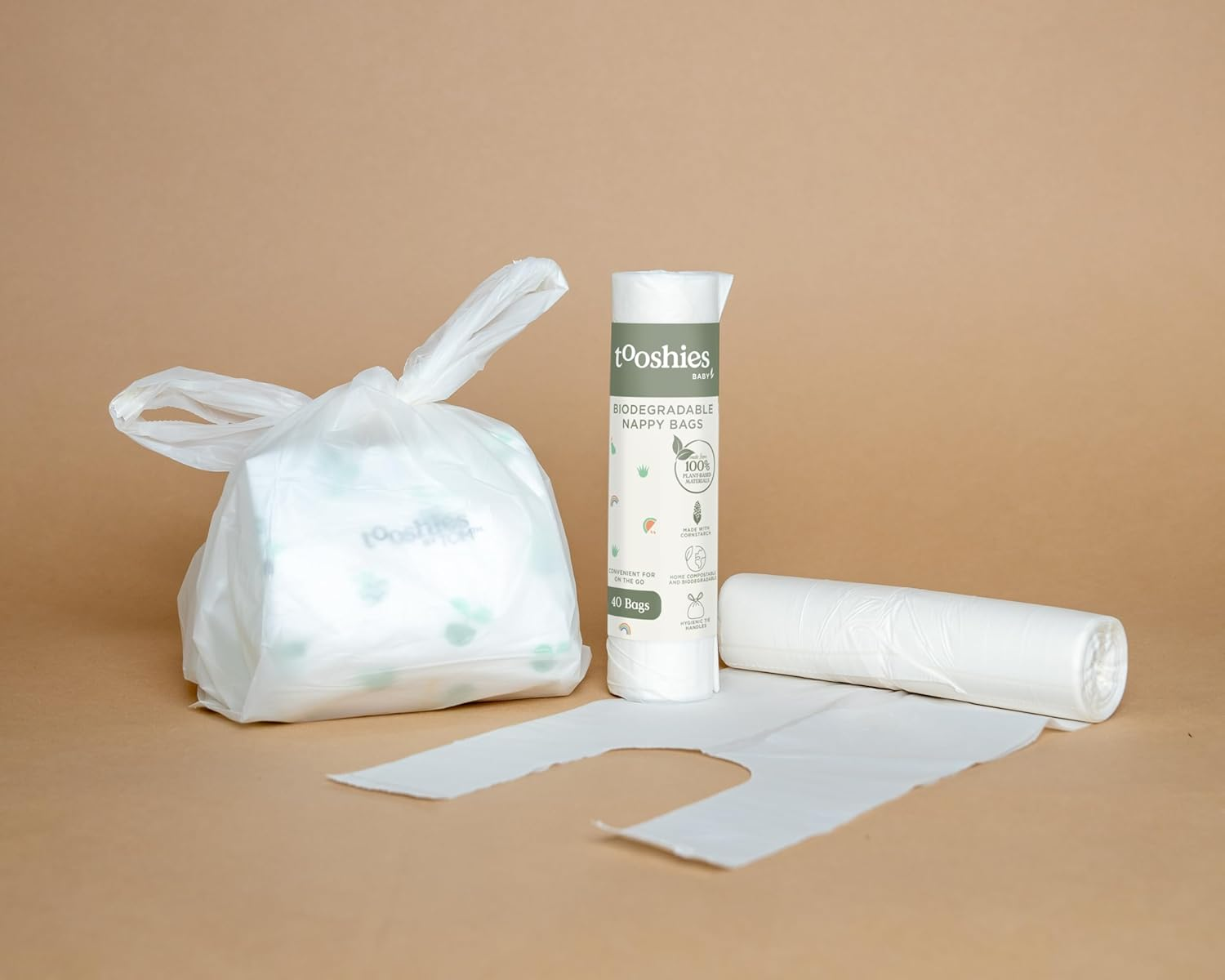 Tooshies Baby | Biodegradable Nappy Bags | Disposable | 100% Plant-Based | Fully Compostable | Hygienic Tie Handles | Minimal Packaging | 40Pk Roll image number 5