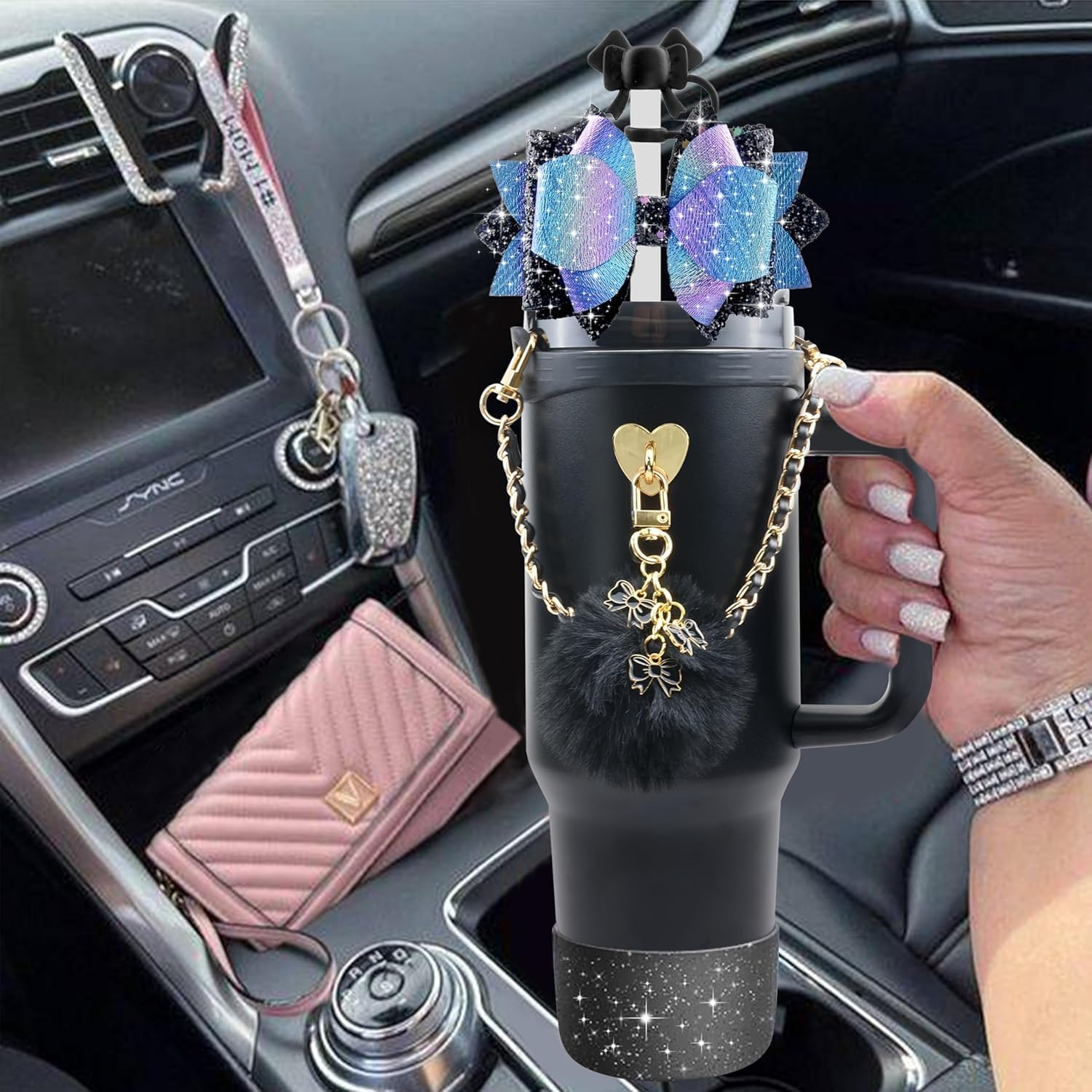 XIANGYUAN Bling Stanley Cup Accessories for 40Oz & 30Oz Tumbler Including Silicone Cute Bow Straw Topper Cover, Silicone Stanley Cup Boot,Leather Water Bottle Handle Strap, Charms - Pink image number 2