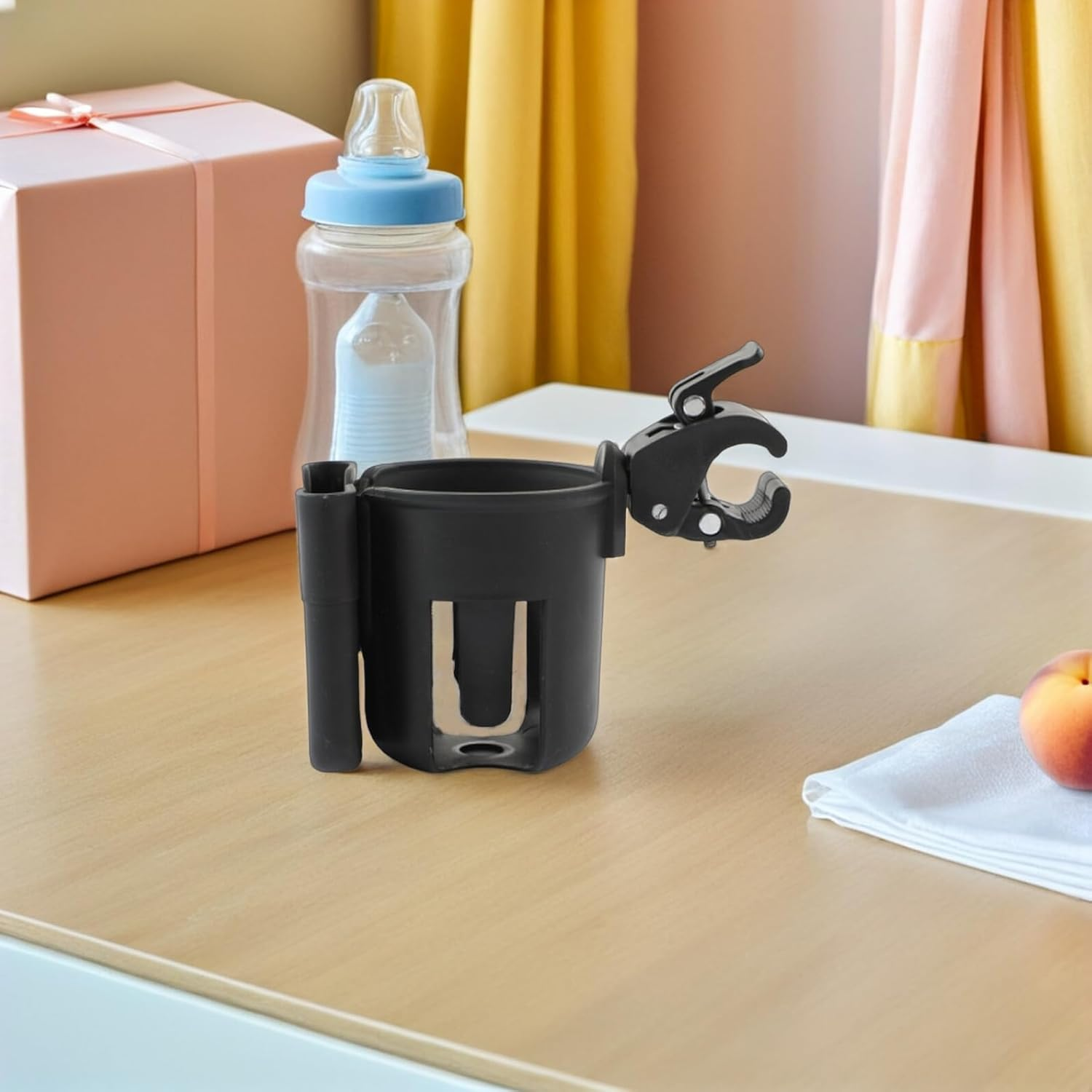 2Pcs Stroller Cup Holder Phone Holder, Universal Plastic Drink Bottle Rack for Pram, Pushchair and Scooter, Black Organizer for Bottles and Sippy Cups, Travel Accessories image number 5