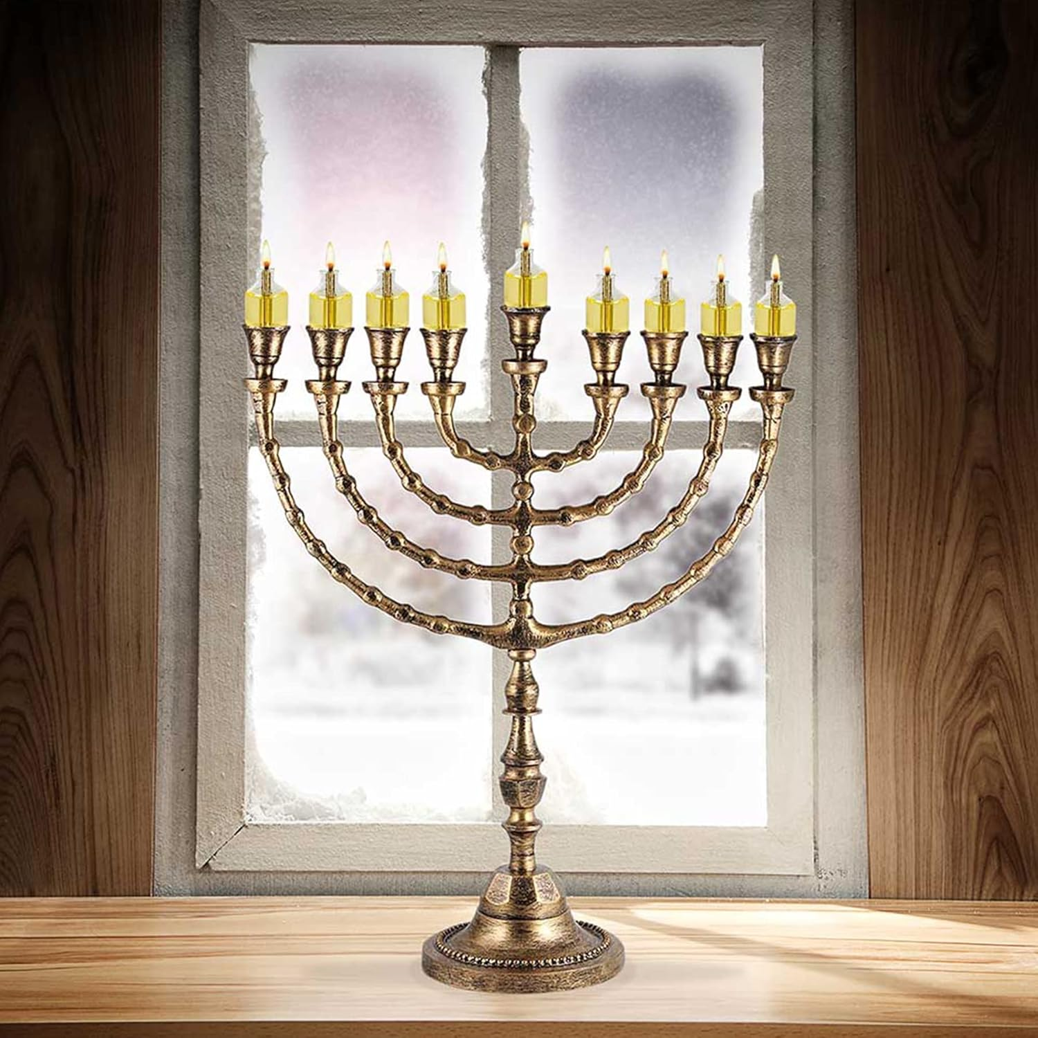 Zion Judaica X Large Traditional Menorah Uses Candles or Oil (Antique Gold) 21" Tall