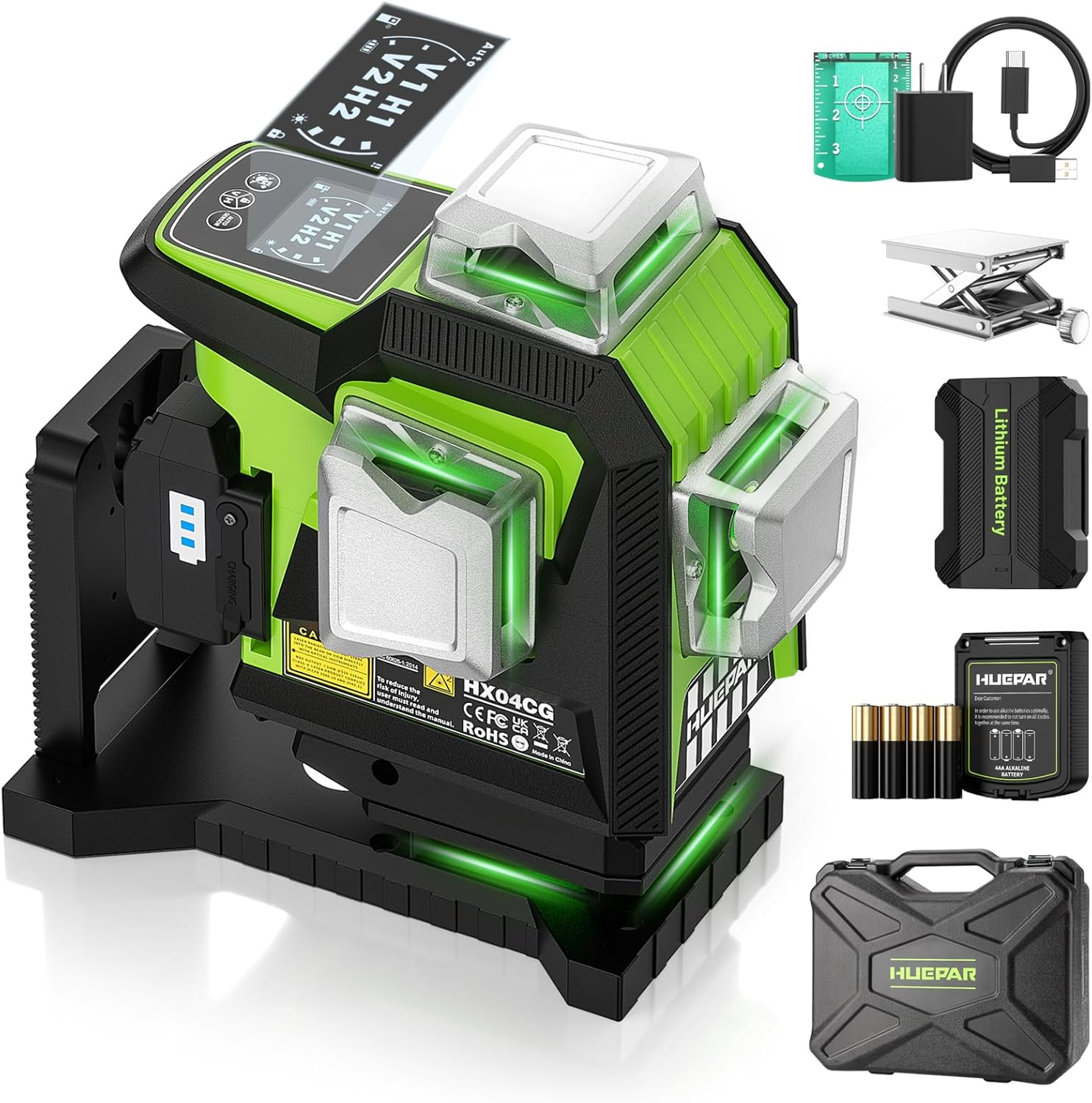 Huepar 4 X 360 Laser Level with LCD Display, Self-Leveling 16 Green Cross Line Professional Levels Laser with Pulse Mode, Rechargeable Lithium and Alkaline Batteries, IP54, 4 Laser Modes image number 1