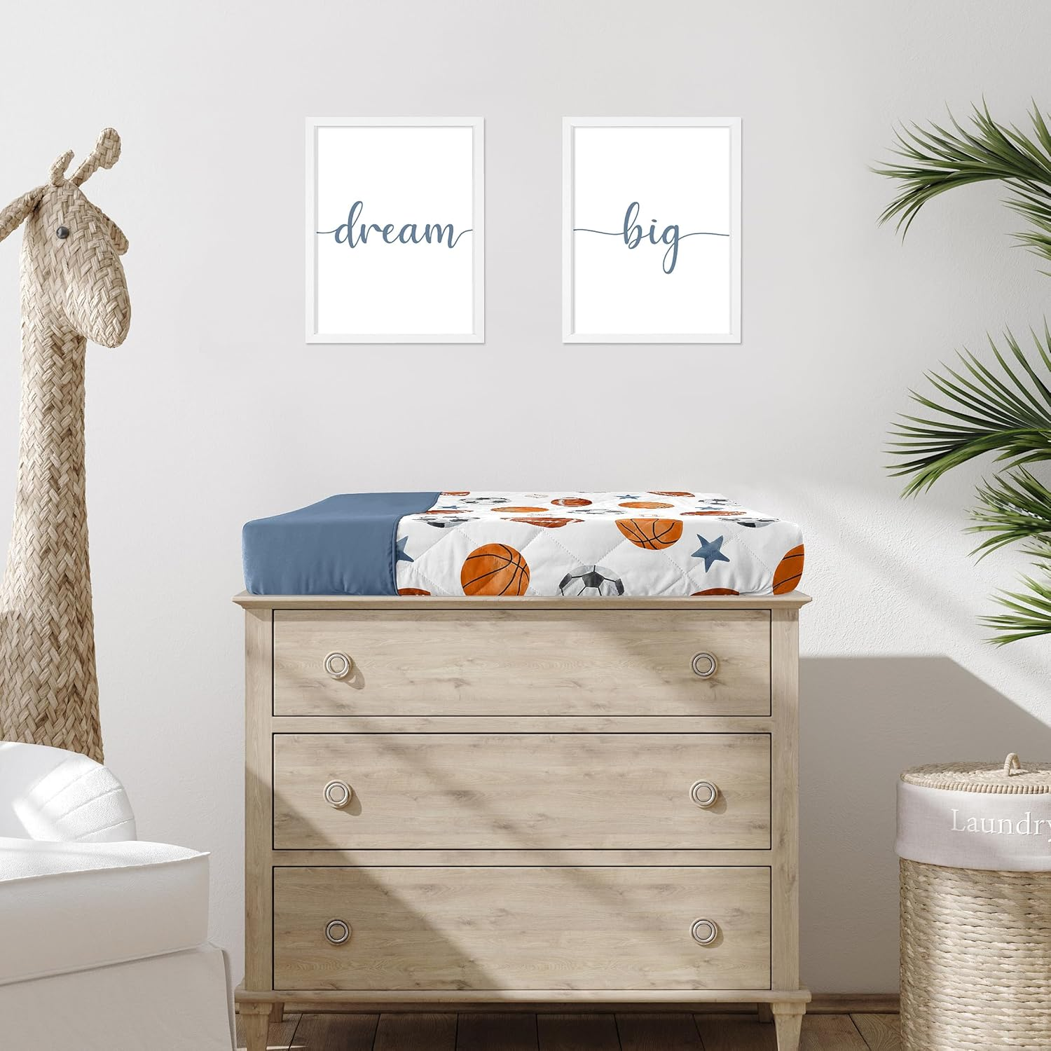 Sweet Jojo Designs Sports Theme Boy Baby Changing Pad Cover &ndash; Infant Newborn Diaper Table Change Mat Sheet - Watercolor Vintage Sport Themed Soccer Balls Football Baseball Basketball Blue Stars image number 2