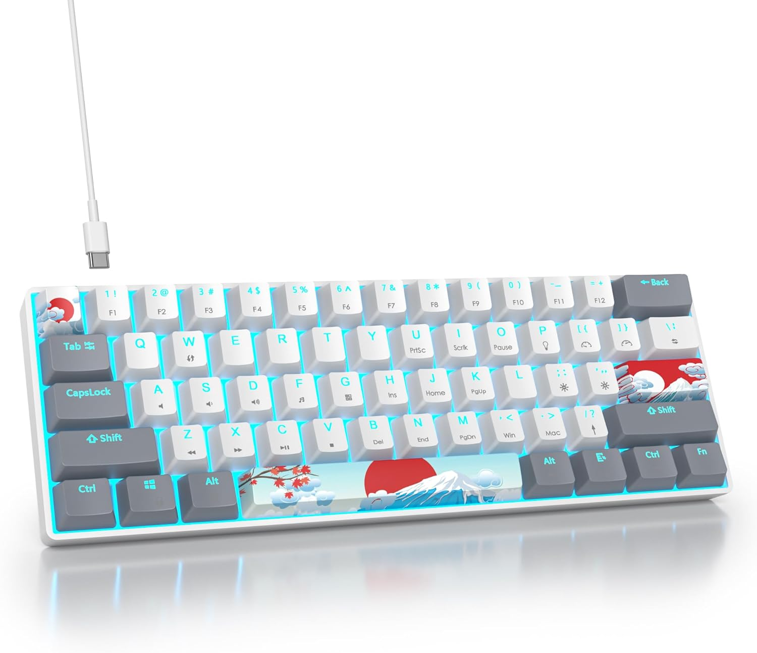 Vumilstek Cool 60% Gaming Keyboard, Compact Mini Wired Mechanical Keyboard 60 Percent with Ice Blue LED Backlit Linear Red Switch PBT Keycaps for Win/Mac PC Gamers(Blue White)