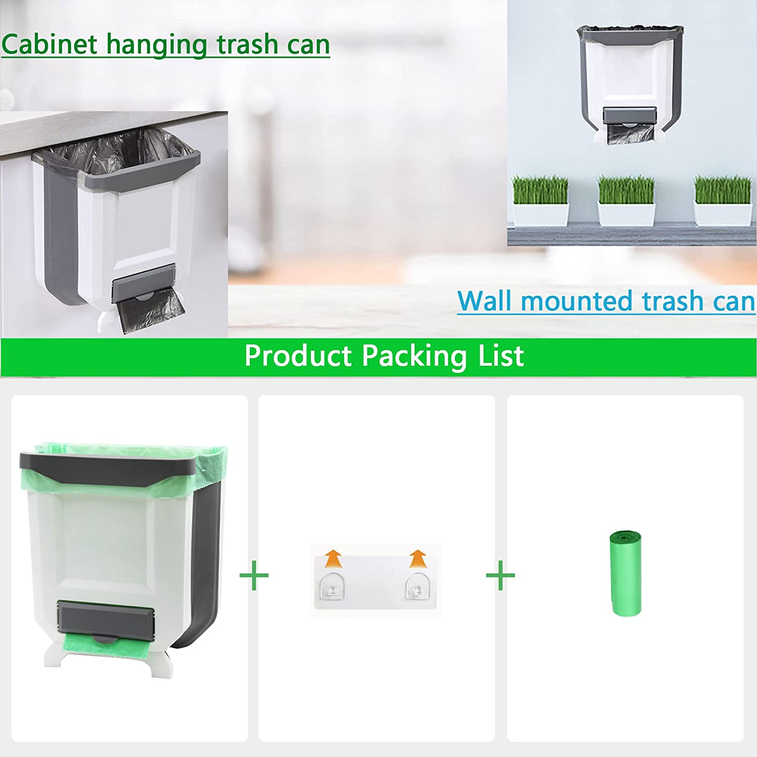 Kitchen Bin,Rubbish Bin Plastic Folding Wall Mounted for Cupboard Door Hanging Trash Can 8L (White) - White image number 6