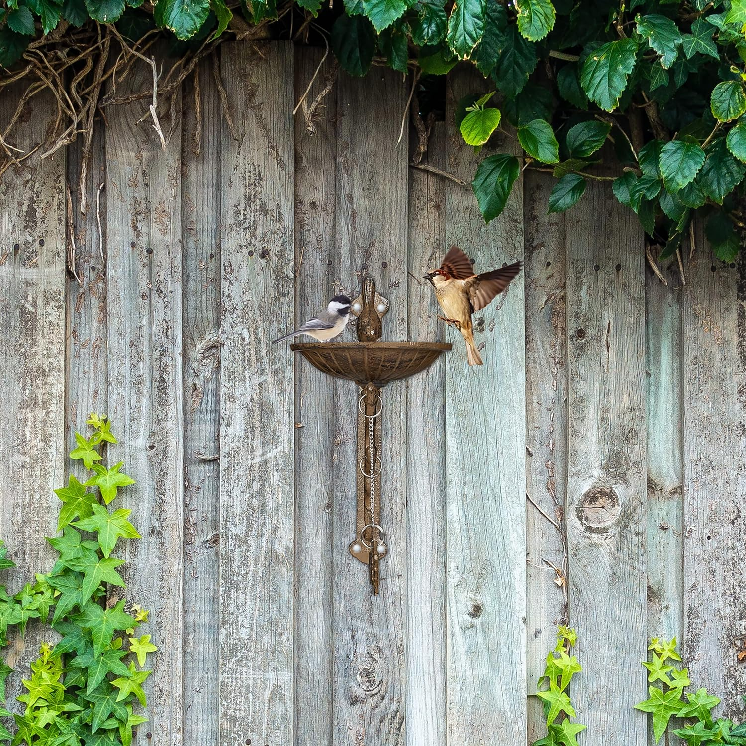 Relaxdays, Brown Cast Iron Hanging Bath with Welcome Sign, Garden Decor, Feeding Bowl, Font for Wild Birds - Bronze image number 4