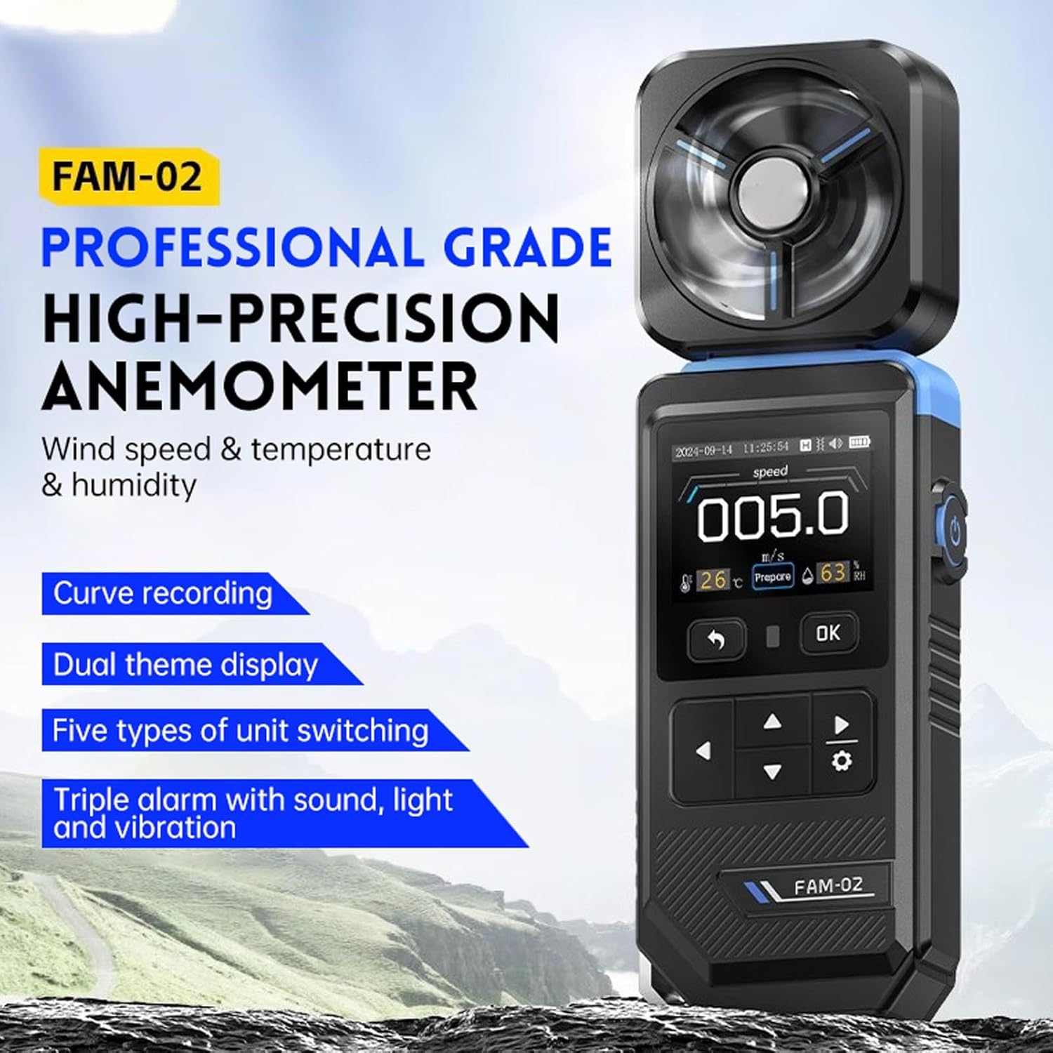 Wind Speed Meter with Fan, Adjustable Thresholds, 2.0 Inch Color Display, Rechargeable Battery, Digital Anemometer for Home Office Car HVAC Outdoor, Airflow Velocity Meter image number 4