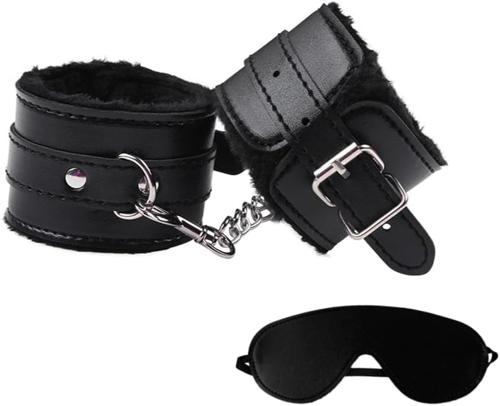Sex Toys Sexy Cosplay Plush Handcuffs and Blindfold Set - Soft PU Leather Handcuffs for Bed, Couples Party Supplies for Lovers, Adjustable and Comfortable Restraints for Intimate Moments Black image number 1