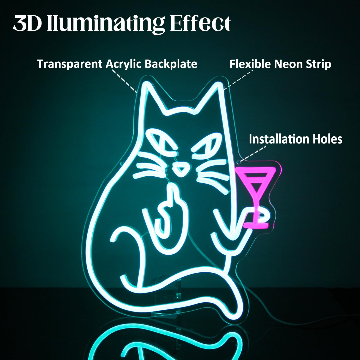 CKTBLEY Cat Drink Wine Neon Sign Funny Animal Bar Neon Signs for Wall Decor Cool Cat Neon Light Blue Pink Acrylic LED Neon Lights Signs for Bedroom Bar Man Cave Game Room Party Decor - Blue Pink image number 6