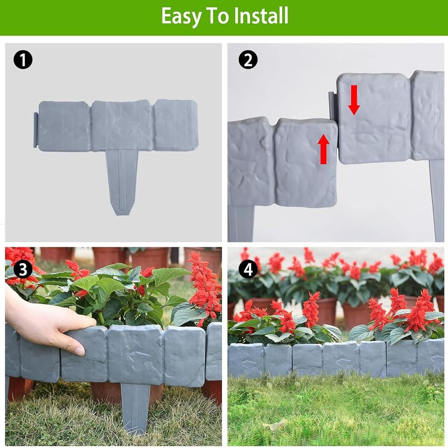 20PCS Plastic Garden Edging Border, 25Cm Stone Effect Garden Lawn Edging, Garden Partition for Flower Pot Plant, Decorative Outdoor Fence for Outdoor Patio Balcony Yard Landscaping (Grey) image number 1