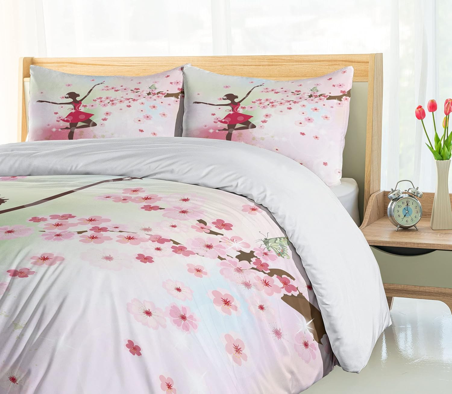 Kids Room Duvet Cover Set by Ambesonne Ballet Butterfly Fairy Ballerina Princess Dancer Flowers Tree Branch Floral Girls Party Print 2 Piece Bedding Set with 1 Pillow Sham Twin / Twin XL Size image number 2