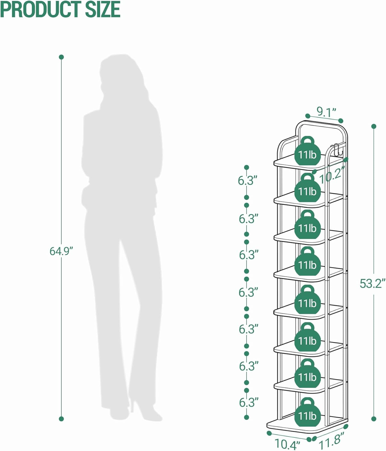 Hzuaneri Vertical Shoe Rack, Shoe Shelves, Wood Shoe Organizer for Closet, Entryway, Shoe Tower for Small Spaces, Free Standing, Adjustable, with 2 Hooks, 8 Tier Rustic Brown SR04301B image number 2