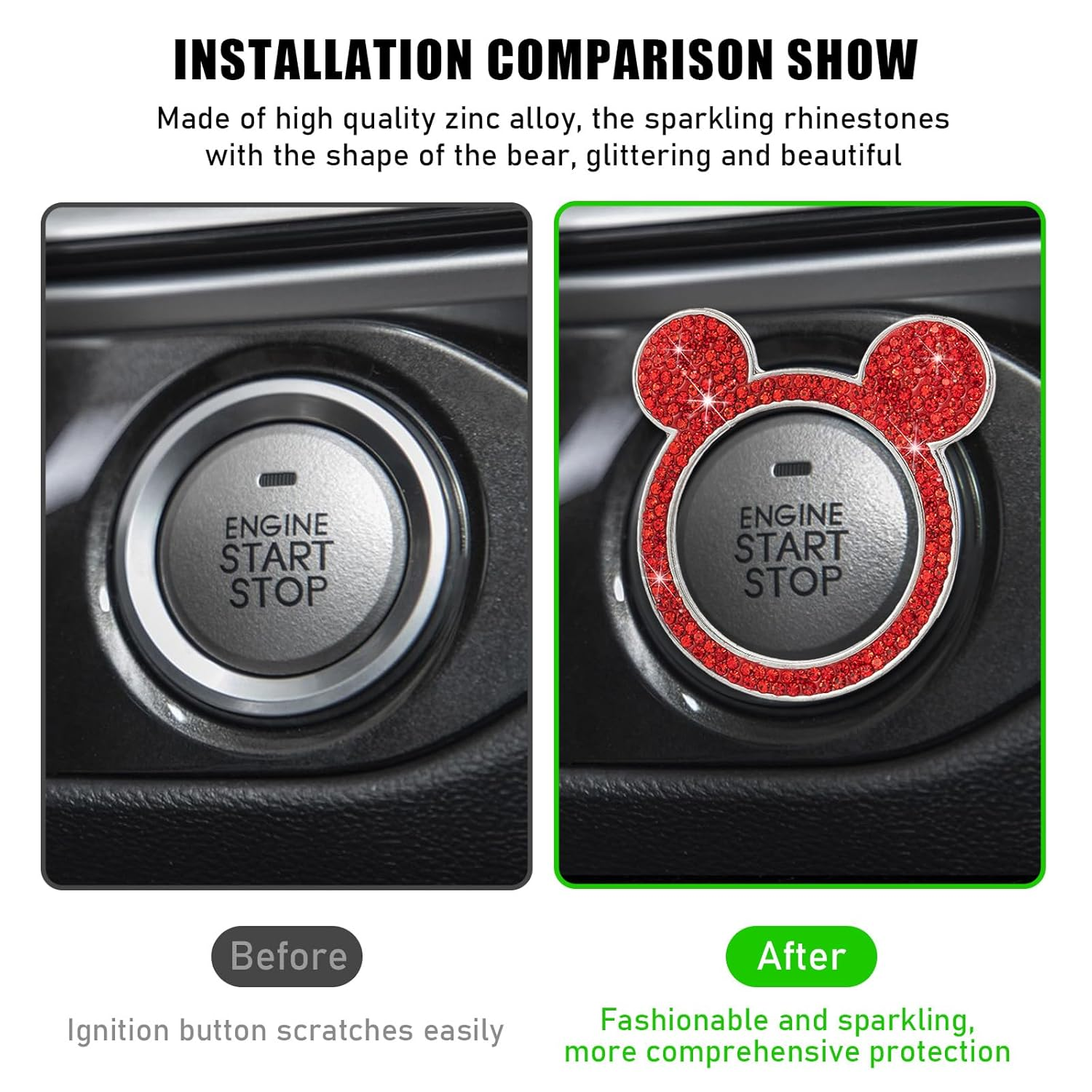 Augeny Bling Car Engine Start Button Cover, Rhinestone Key Ignition Knob Ring, Sparkling Push to Start Button Sticker for Women, Universal Car Accessories for Interior Decoration (1PC, Red) image number 3