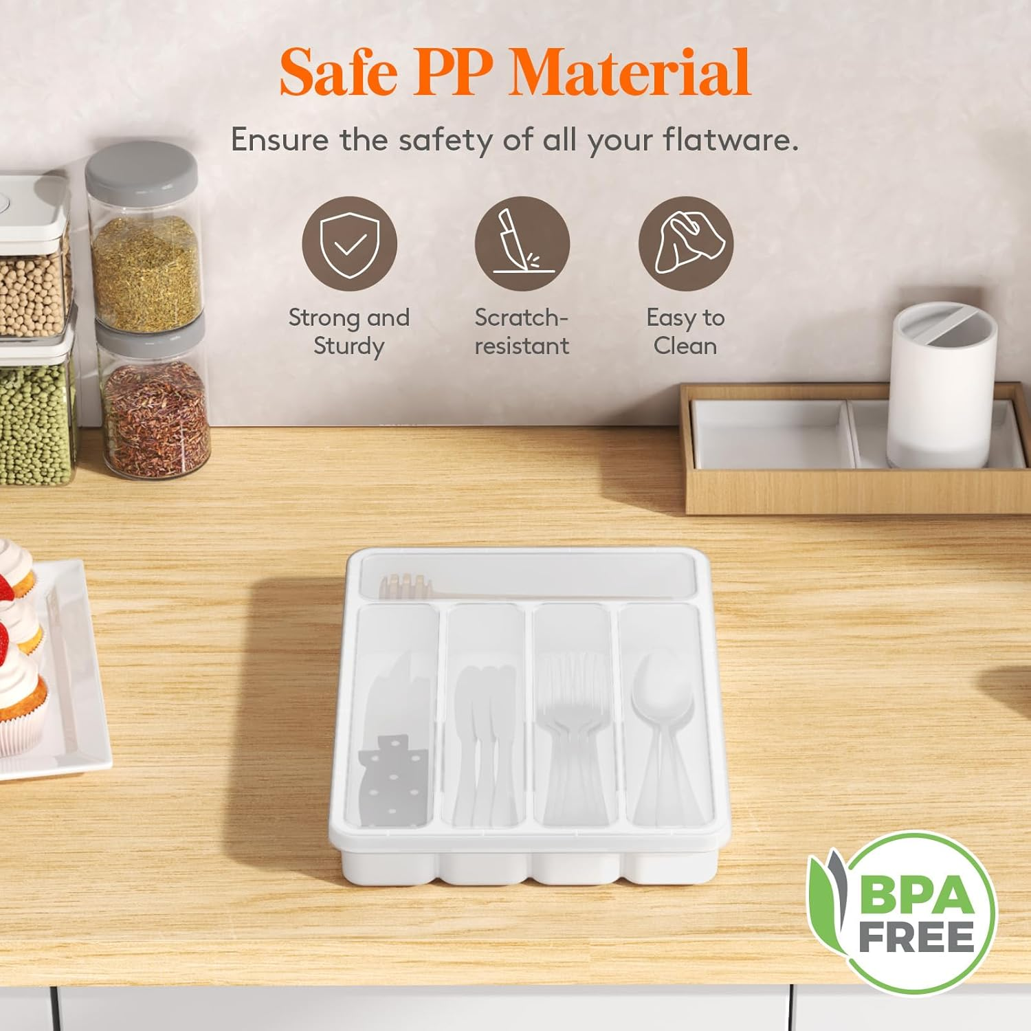 Lifewit Silverware Organizer with Lid, Covered Utensil Tray for Kitchen Drawer and Countertop, Plastic Cutlery and Flatware Storage Box for Spoons Forks Knives Holder Case, 5 Compartments, White image number 6