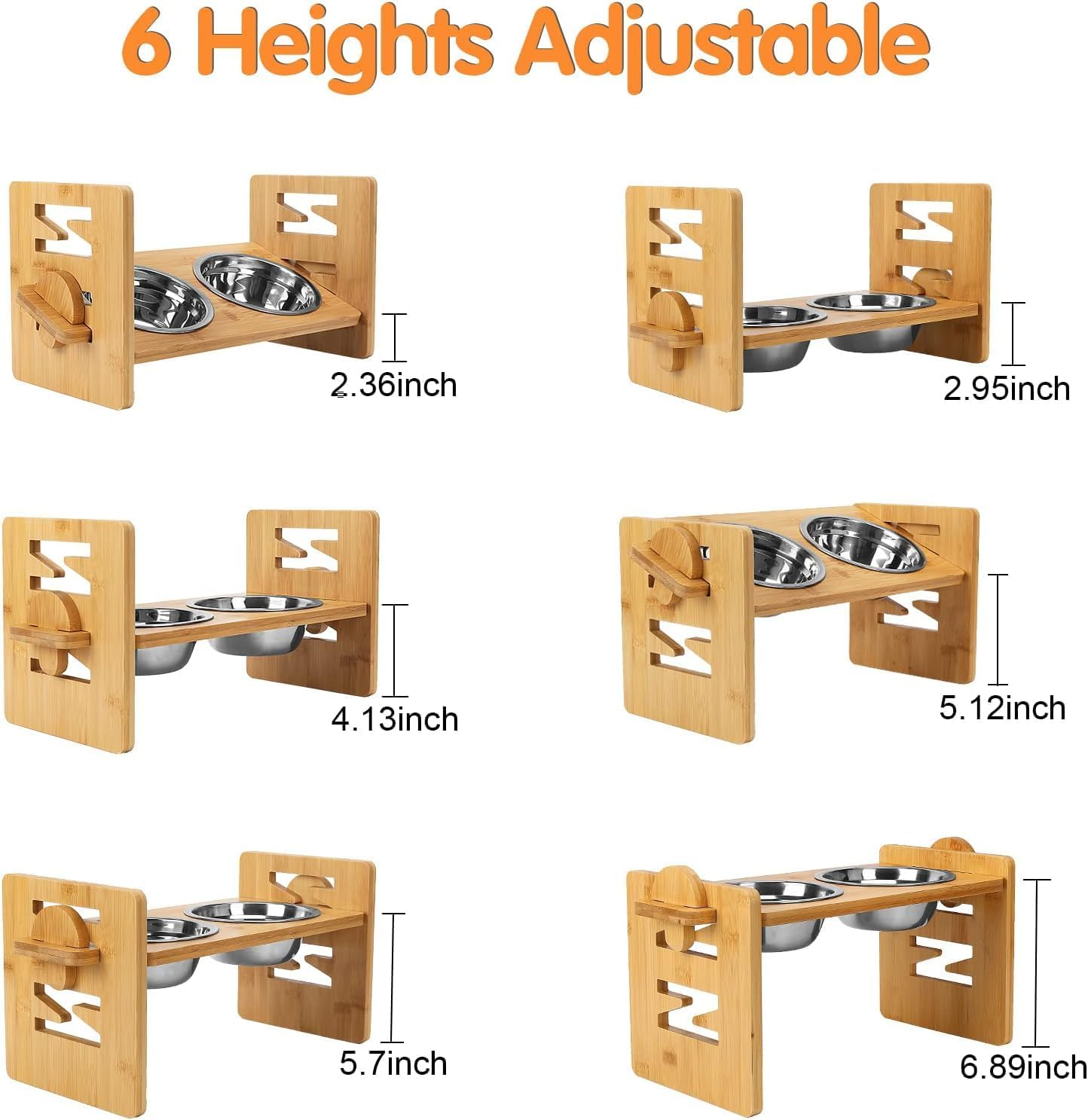 Elevated Dog Bowls - Adjustable Raised Dog Bowls for Medium Dogs and Small Dogs, Durable Bamboo Dog Food Bowl Stand with 2 Stainless Steel Bowls and Non-Slip Feet (For Small Dogs and Cats) image number 2