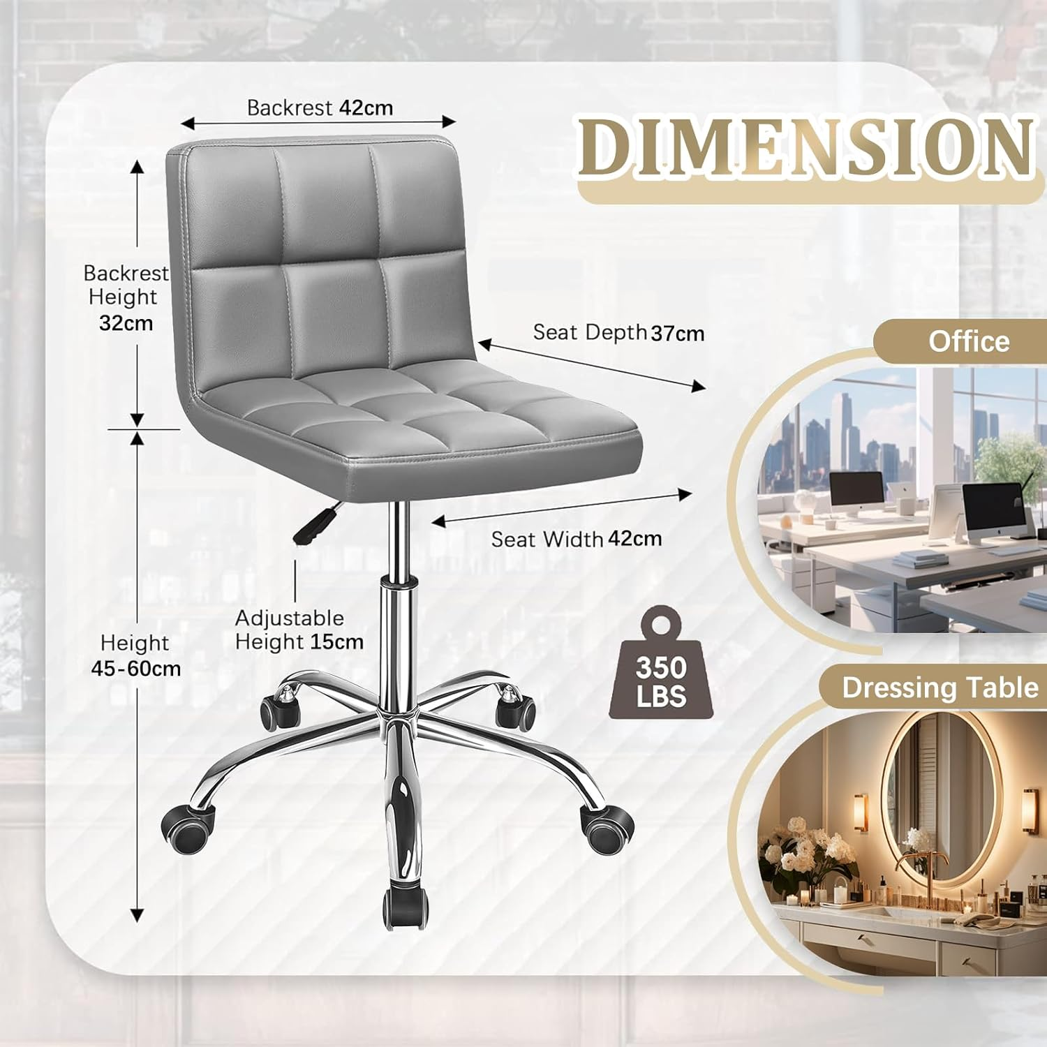 LIODUX Vanity Chair, PU Leather Makeup Armless Chair with Back, Ergonomic 360&deg; Rolling Swivel Stool, Adjustable Modern Height Vanity Stool, Salon Spa Stools with Wheels for Home Work Office (Grey) - Black image number 5