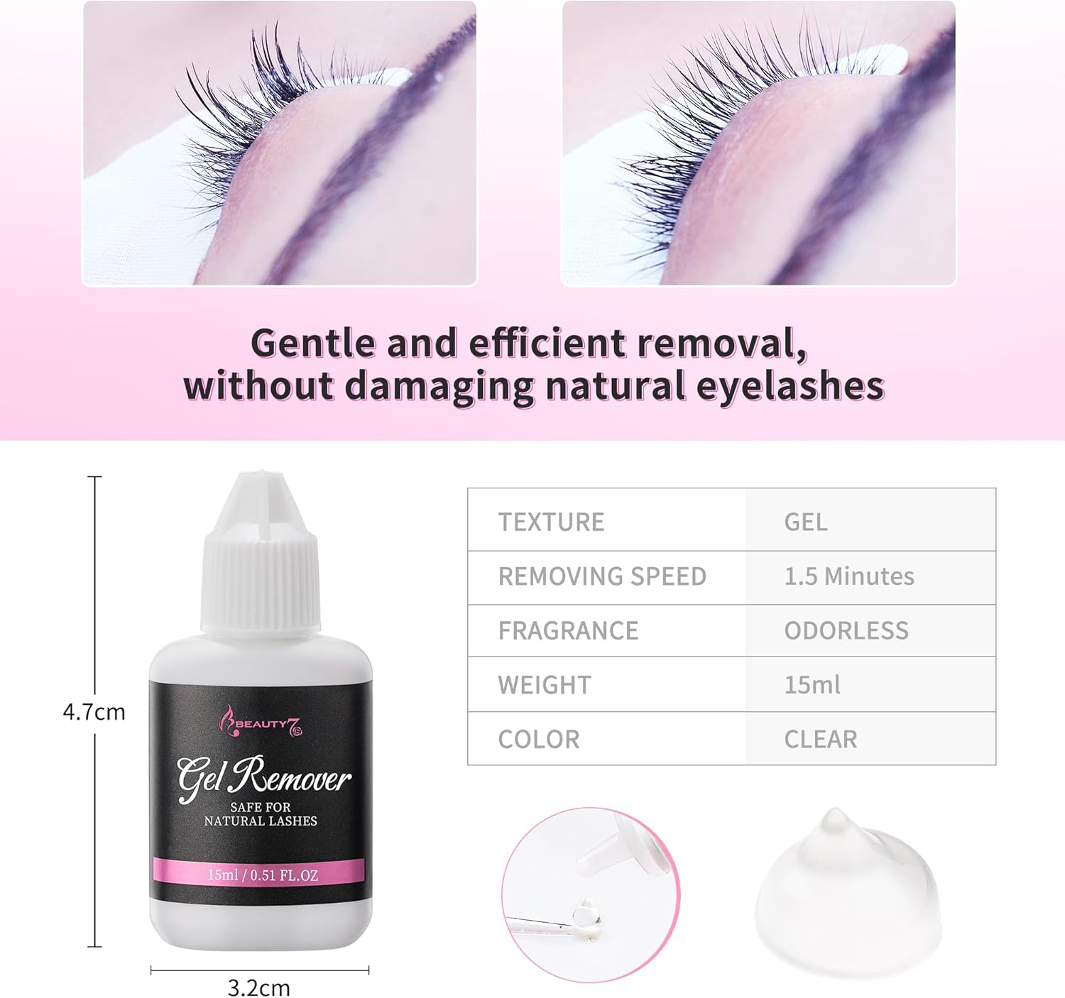 Beauty7 Eyelash Extension Gel Remover Lash Extensions Lash Remover for Eyelash Extension Removal Professional Clear 15Ml