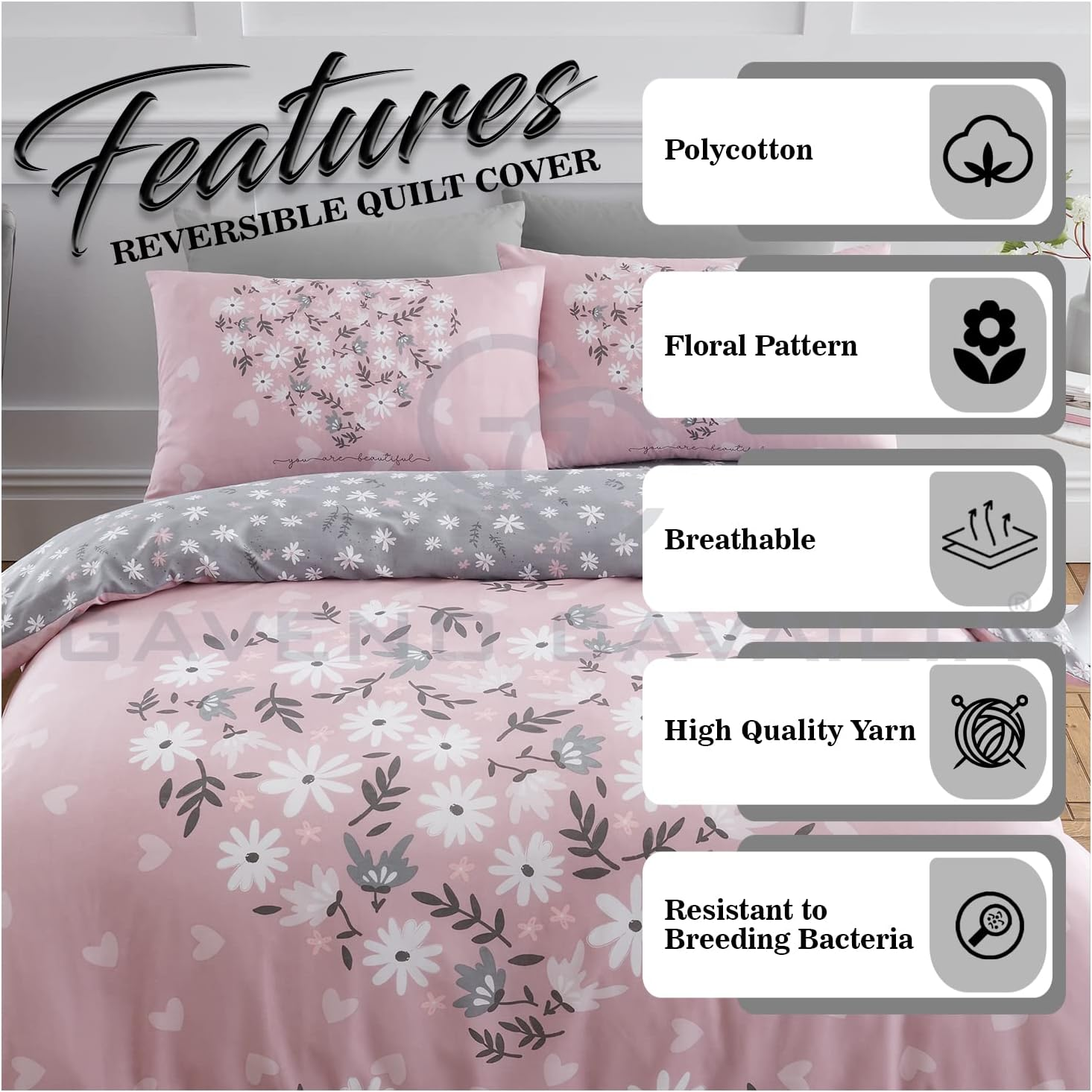 GC GAVENO CAVAILIA Premium Heart Duvet Cover Single Pink, Soft Printed Bedding Sets, Warm & Cosy Quilt Covers, 705864 image number 2