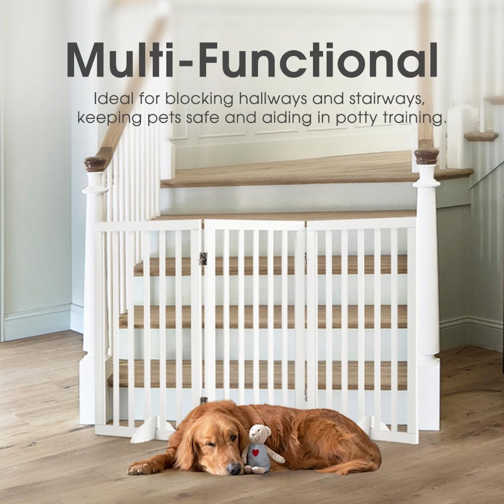 Petzly Foldable Dog Gate with Support Feet, Freestanding Pet Gate for Puppy Small Medium Dogs, Dog Fence for House Stairs Doorway Bedrooms, No Drill Pet Barrier, 3 Panels Fence, White - 141CM X 80CM image number 2