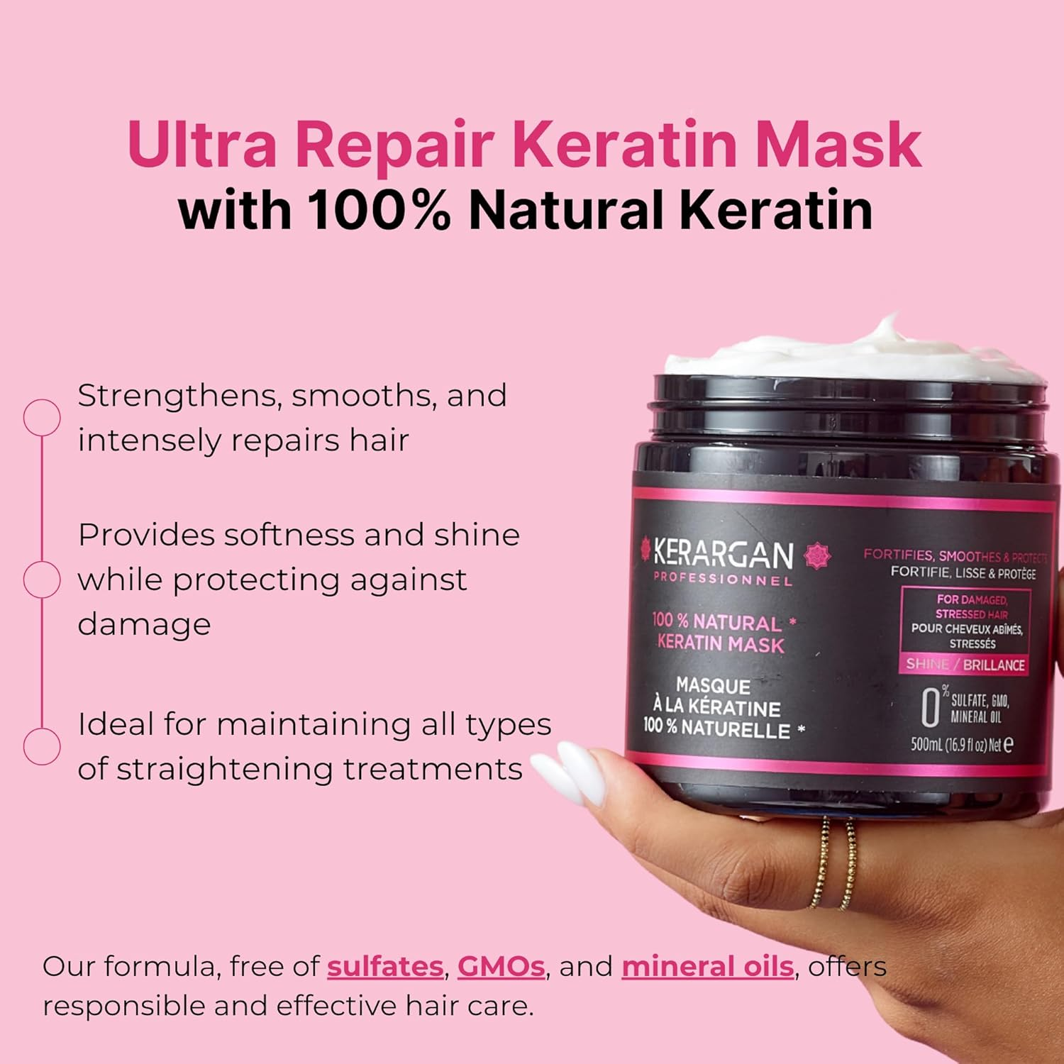 Kerargan - Keratin Hair Mask to Strengthen, Moisturise and Protect Your Hair - Ideal for Straightening - for Dry and Damaged Hair - No Sulphates, Parabens or Silicone - 500 Ml image number 3