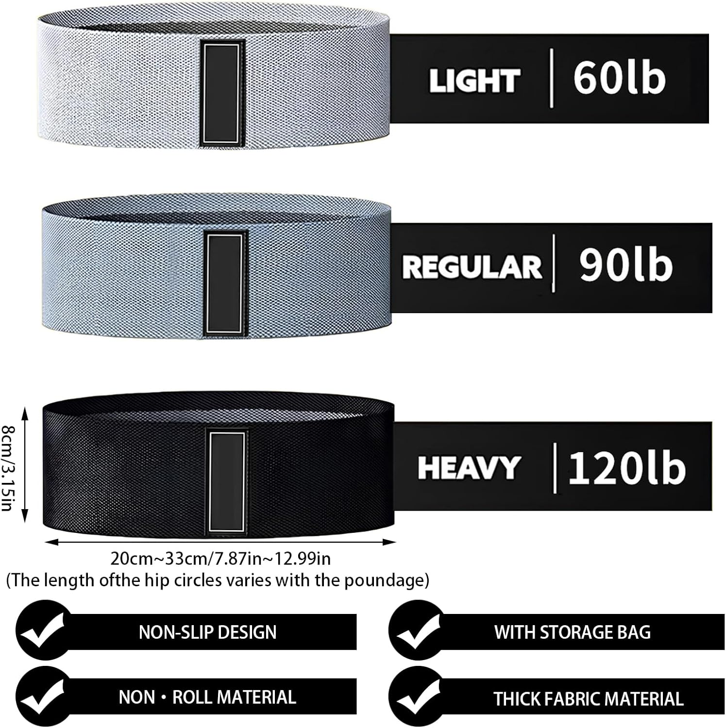 Fabric Resistance Bands Set, 3 Pack Exercise Loop Bands for Legs and Butt, Workout Bands for Yoga, Pilates, Fitness Training, Black and Grey image number 2