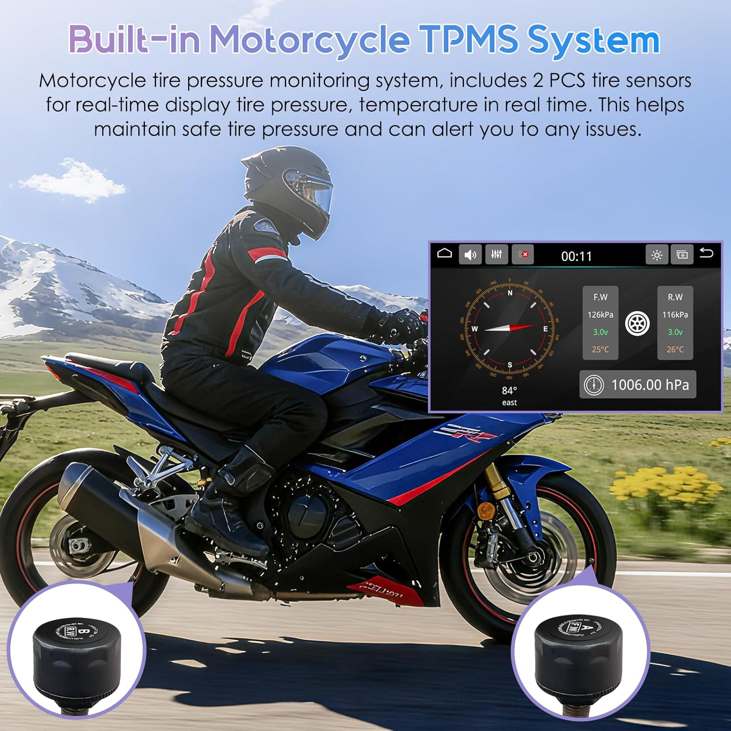 Carpuride W502TPRO for Motorcycle Carplay& Android Auto& TPMS& Dual Bluetooth - 5" Waterproof GPS Navigation Screen for Motorbike, Music Sharing, Intercom, EQ, Light Sensor, Compass, Barometer image number 2