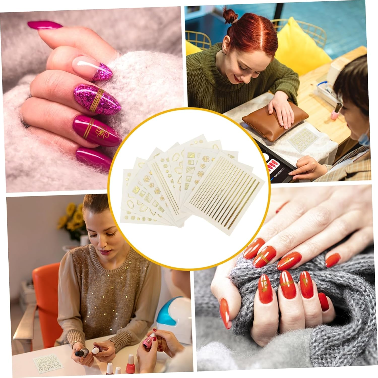 MOTHNUR Gold Nail Art Stickers 10Pcs Mixed Shapes 3D Metallic Manicure Nail Decorations Self-Adhesive for DIY Salon and Home Use Random Style