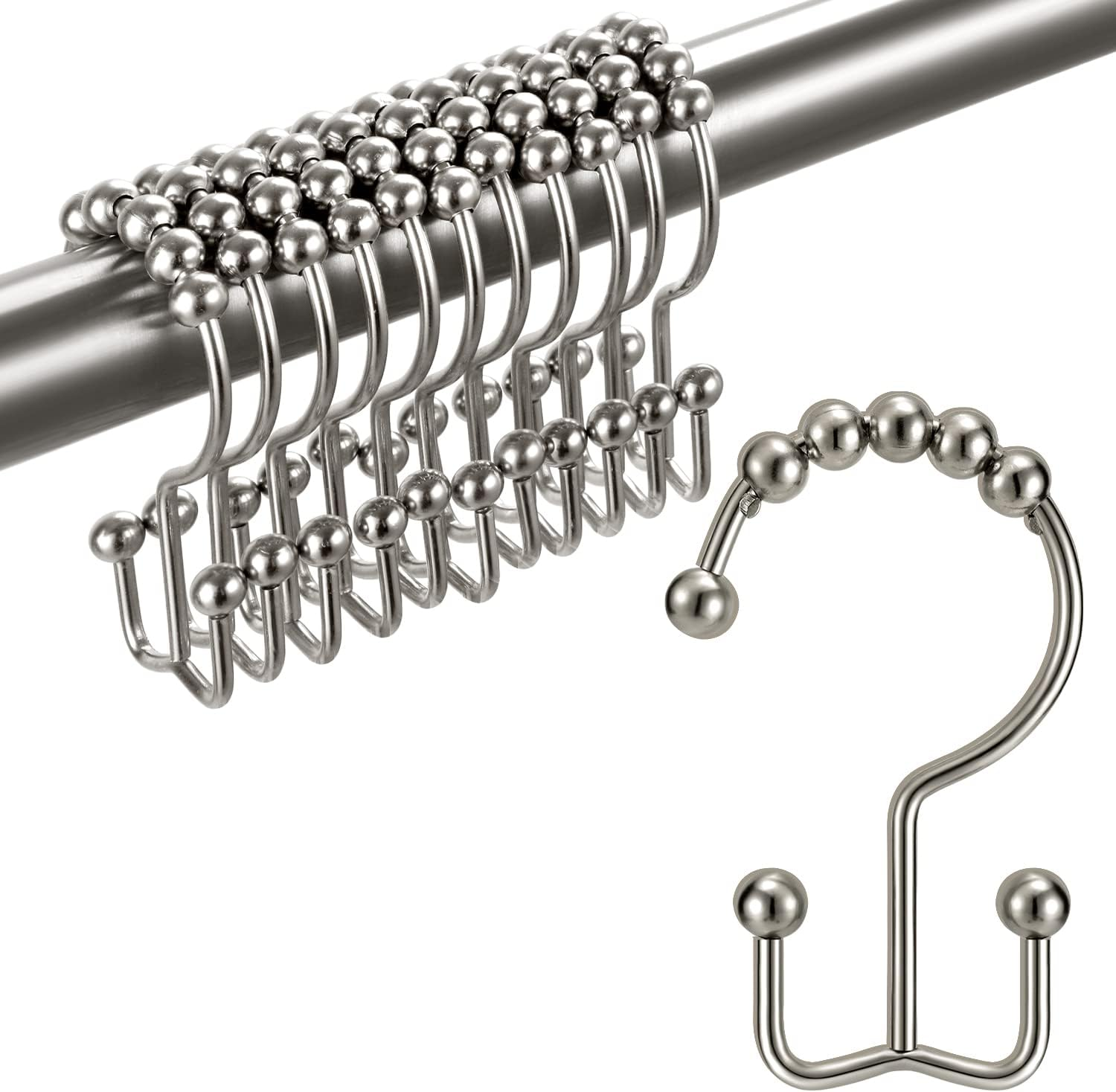 TENOVEL Never Rust 304 Stainless Steel Shower Rings, Heavy Duty Roller Double Glide Shower Curtain Hooks for Bathroom Shower Liners, Brushed Nickel, Set of 12 Hooks
