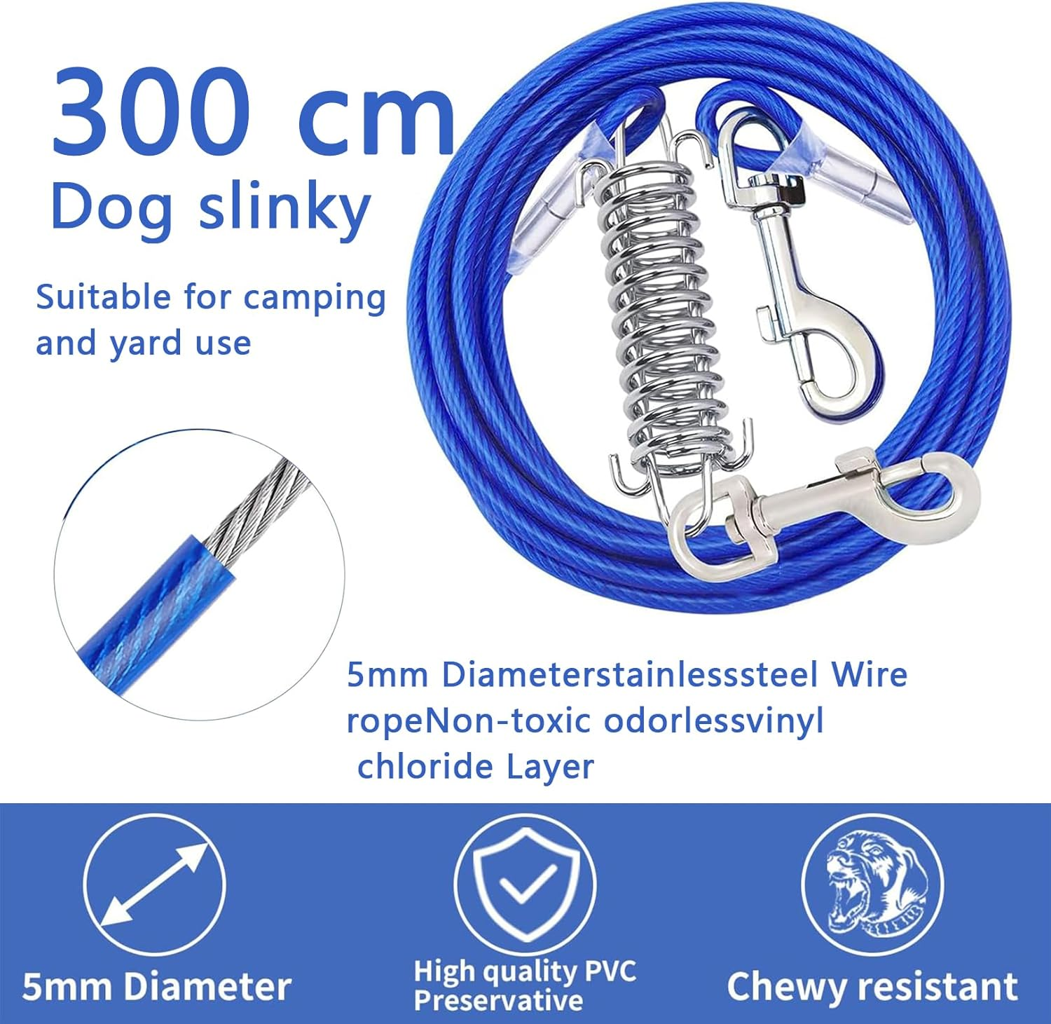 FUNNTY 300Cm Dog Tie Out Cable,Dog Leads for Yard Chew Proof Dog Runner Cable with Swivel Hook and Shock Spring,300Cm Camping and Training Leash for Small to Medium Pets up to 165 Lbs(3M-165Lbs） image number 1