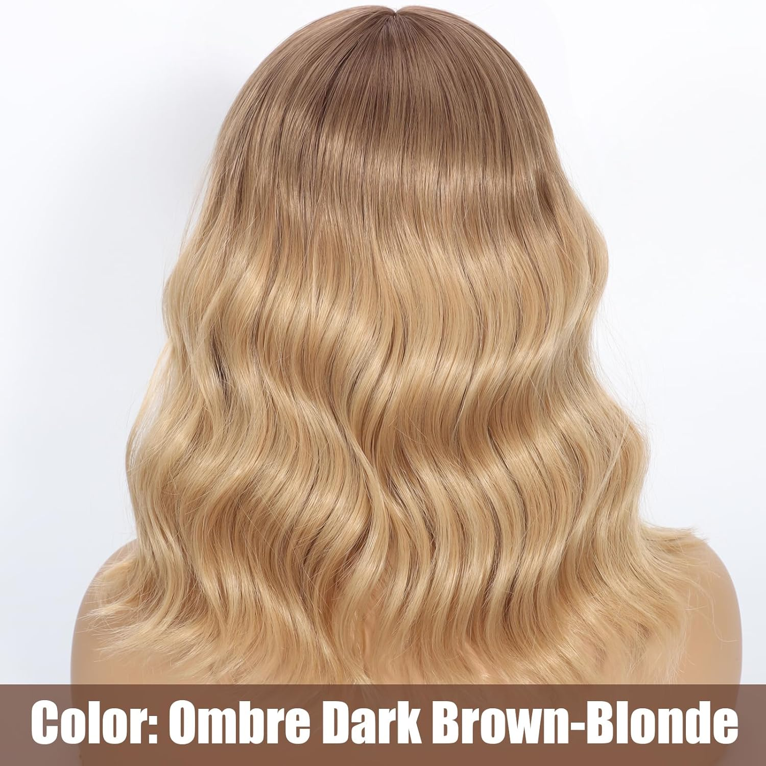 Wavy Wig with Bangs Short Curly Bob Wig for Women Highlight Style Synthetic Heat Resistant Bob Wigs for Daily Party Use (Ombre Dark Brown-Blonde, 14 Inch Bob) - Black Natural image number 3