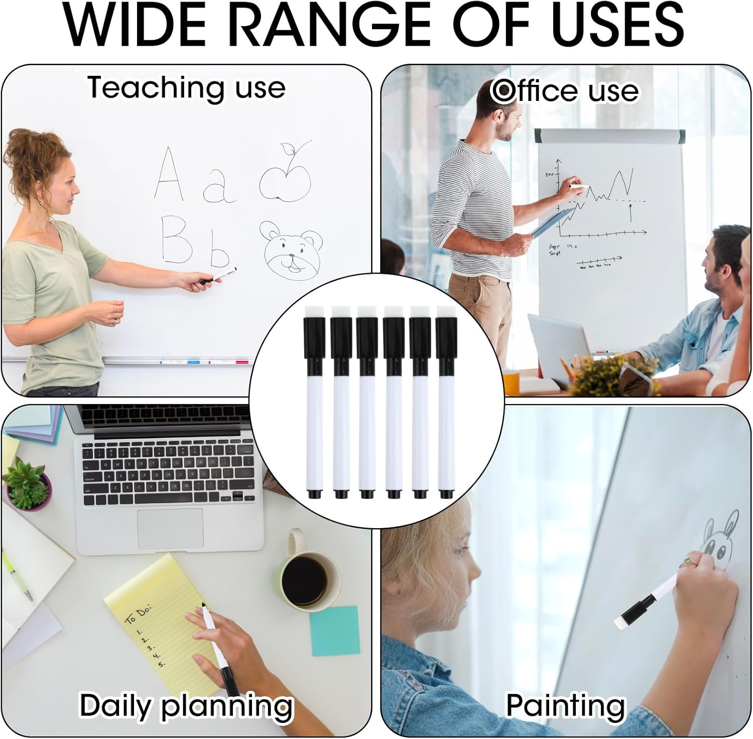 12 Pcs Whiteboard Marker with Eraser, Dry Erasable Markers Fine Point Tip Black with Eraser Cap, White Board Pens for School Office Home Teacher Student Supplies image number 3