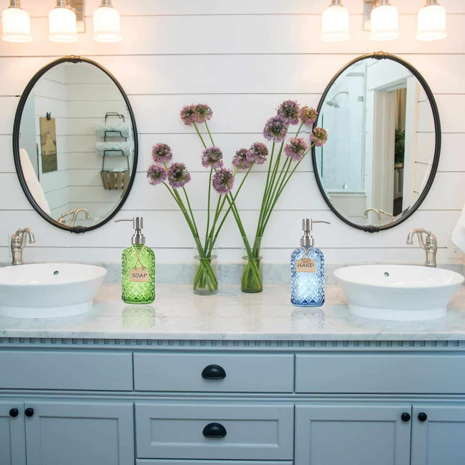 16 Oz Diamond Pattern Glass Soap Dispenser, Kitchen and Bathroom Refillable Soap Dispenser with Rust Resistant Stainless Steel Pump for Hand Soap, Lotion Glass Liquid Dispenser (Blue) image number 5