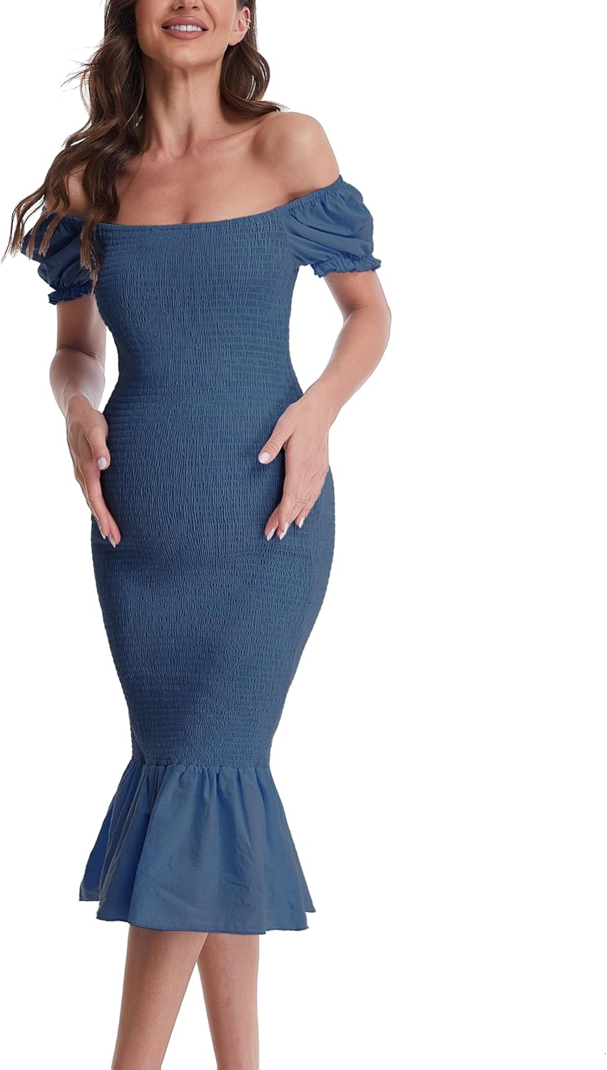 Maternity Summer Midi Bodycon Dresses, Short Puff Sleeve Square Neck Ruffle Hem Mermaid Baby Shower Dress, Lake Blue, Small image number 2