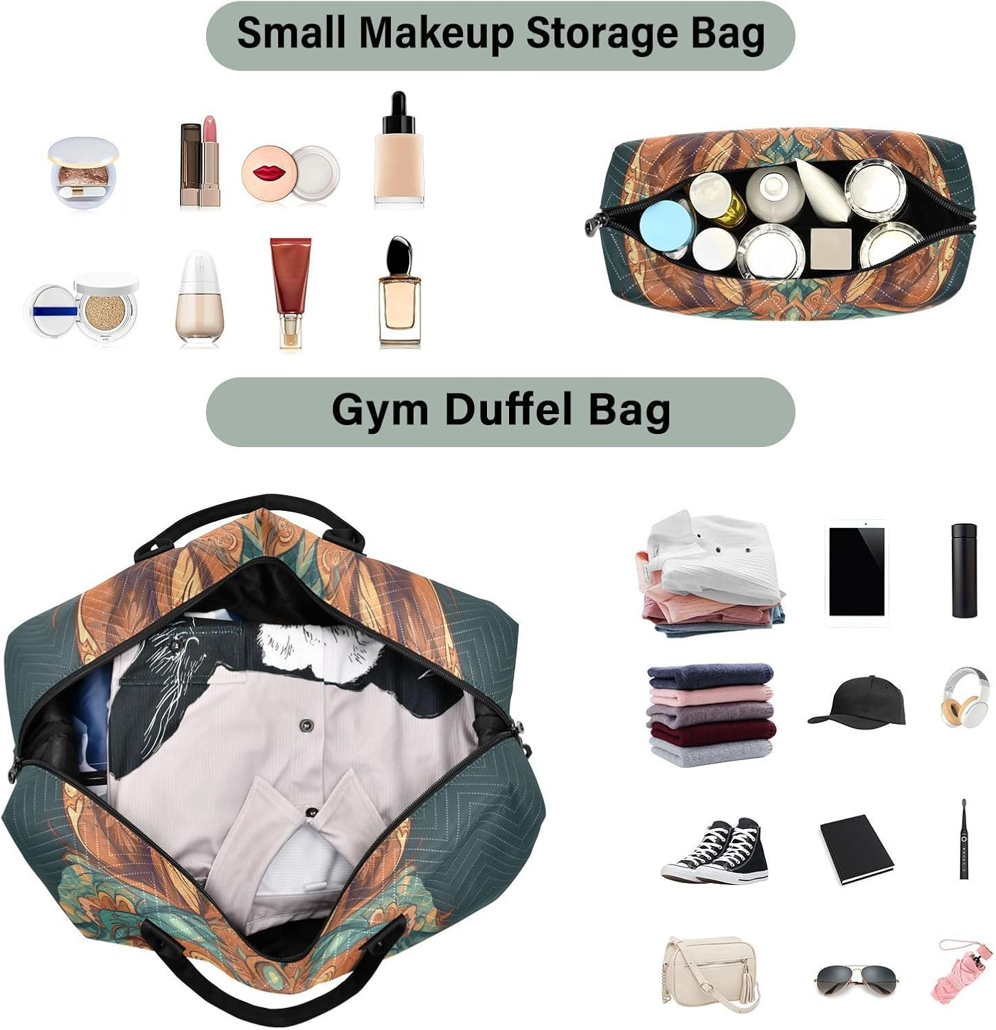 XYMZR Large Travel Duffel Bag, Boho Fox Face Sports Tote Gym Bag, Shoulder Weekender Overnight Bag for Women Men, Carry on Luggage with Toiletry Bags, Multi-Colored, Multi-Colored image number 1