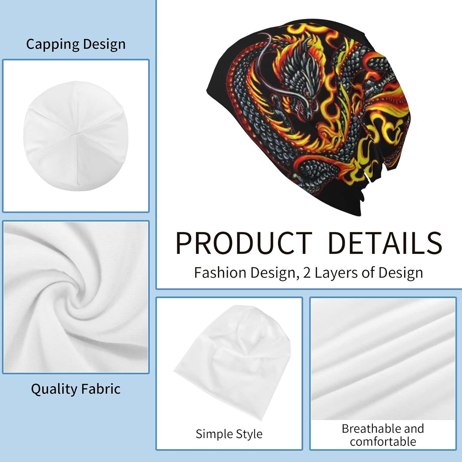 Fire Chinese Dragon Beanie Hat Stretch Scarf Head Wrap for Men and Women Winter Warm Outdoor Funny Hats Knit Cap, Fire Chinese Dragon, One Size image number 2