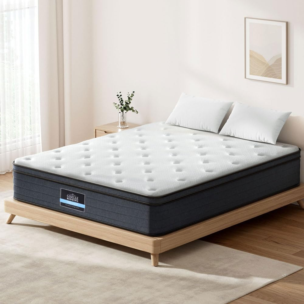 Giselle Bedding Double Mattress Bed Mattresses Cool Gel Memory Foam 34Cm Thickness, with 7-Zone Pocket Spring System and Breathable Euro Top, 5Yrs Warranty, Medium Firm, White + Blue Vacuum Packed