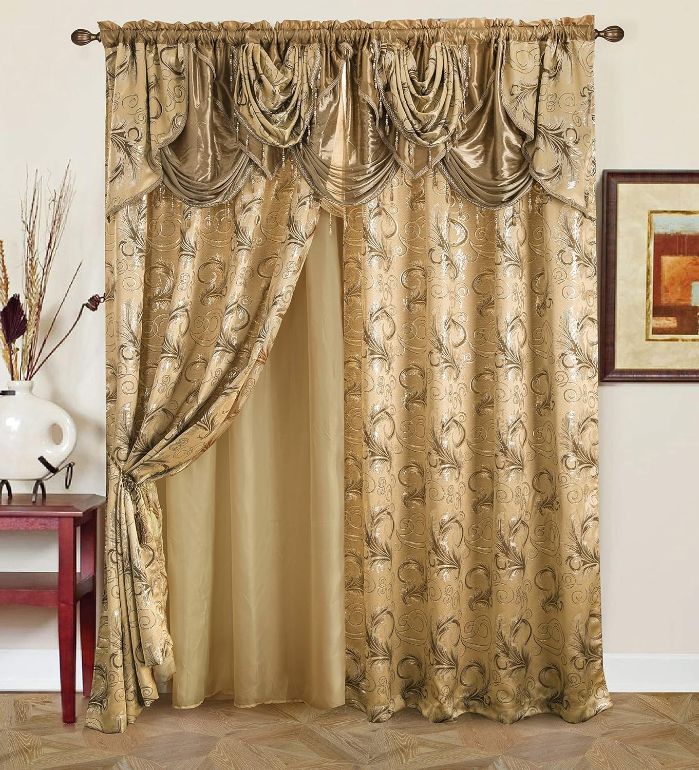 Golden Linen Jana Collection 2Pc Curtain Set with Attached Valance and Backing 55"X84" Each, Polyester & Polyester Blend, Taupe, 2 Panels of 55" X 84" Each image number 6