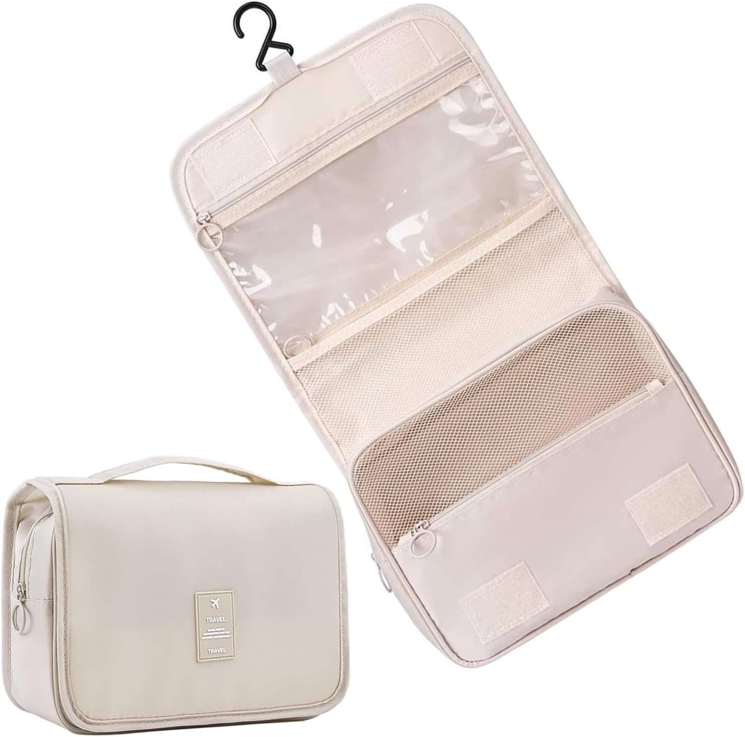 JCZD Hanging Toiletry Bag, Travel Wash Bag for Women Portable Folding Cosmetic Organizer Large Capacity Girls Makeup Bag Waterproof Shower Bag with Separate Compartment (Black)