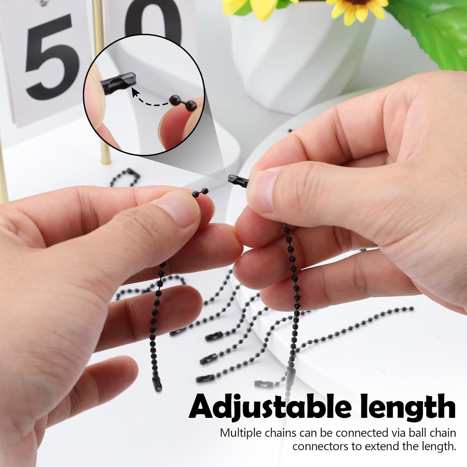 Sekonow 300Pcs Ball Bead Chain, 4" Long 2.4Mm Diameter Ball Chain Key Chain with Connectors, Metal Beaded Chain Keychain Rings for Key Chains Making Crafts Dog Tag Chain, Black image number 2