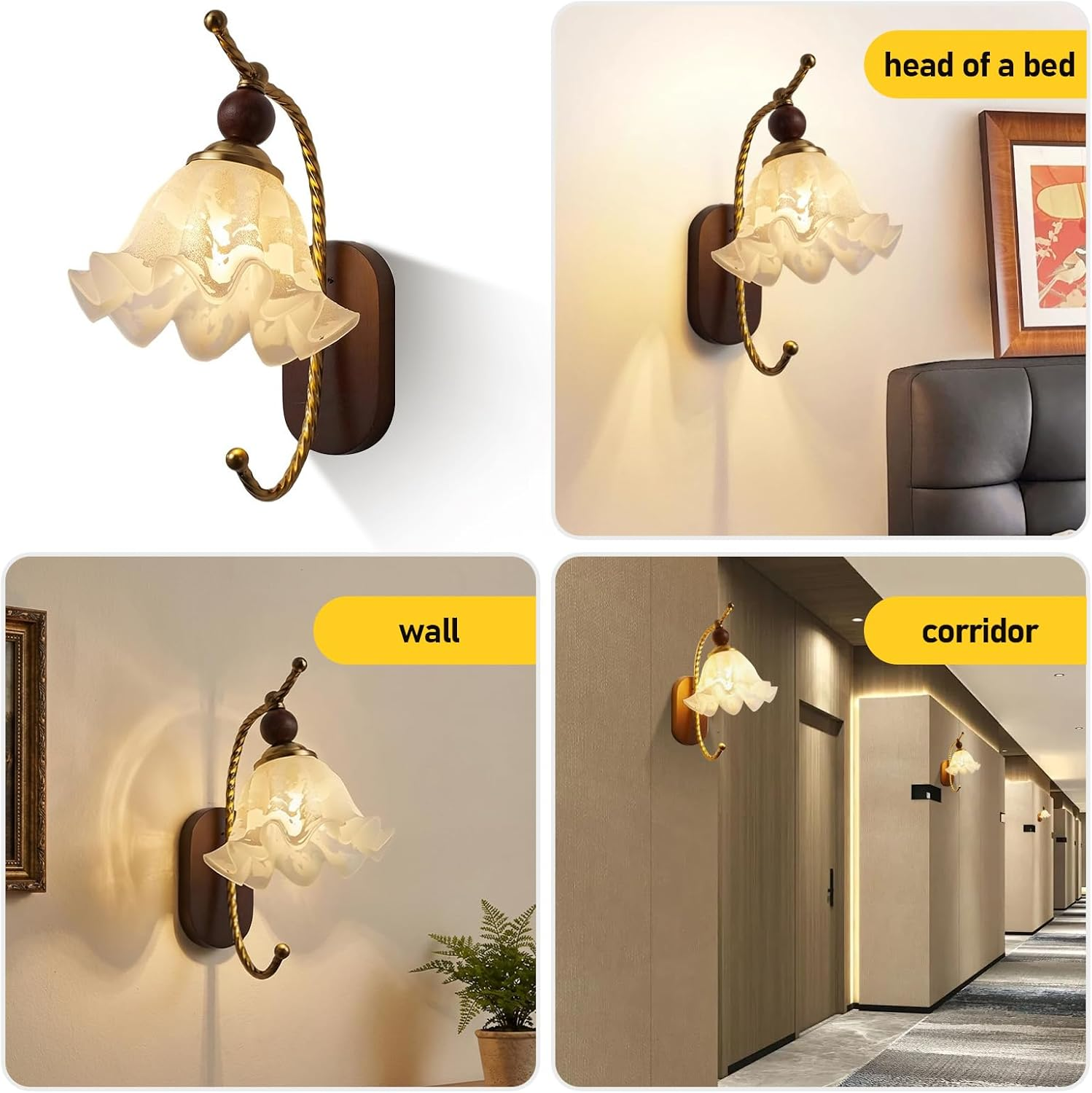 Wall Lamp,Milk Glass Wall Sconce,Mid Century Flower/Hardwired Gold Vintage Hallway Light Fixture image number 2