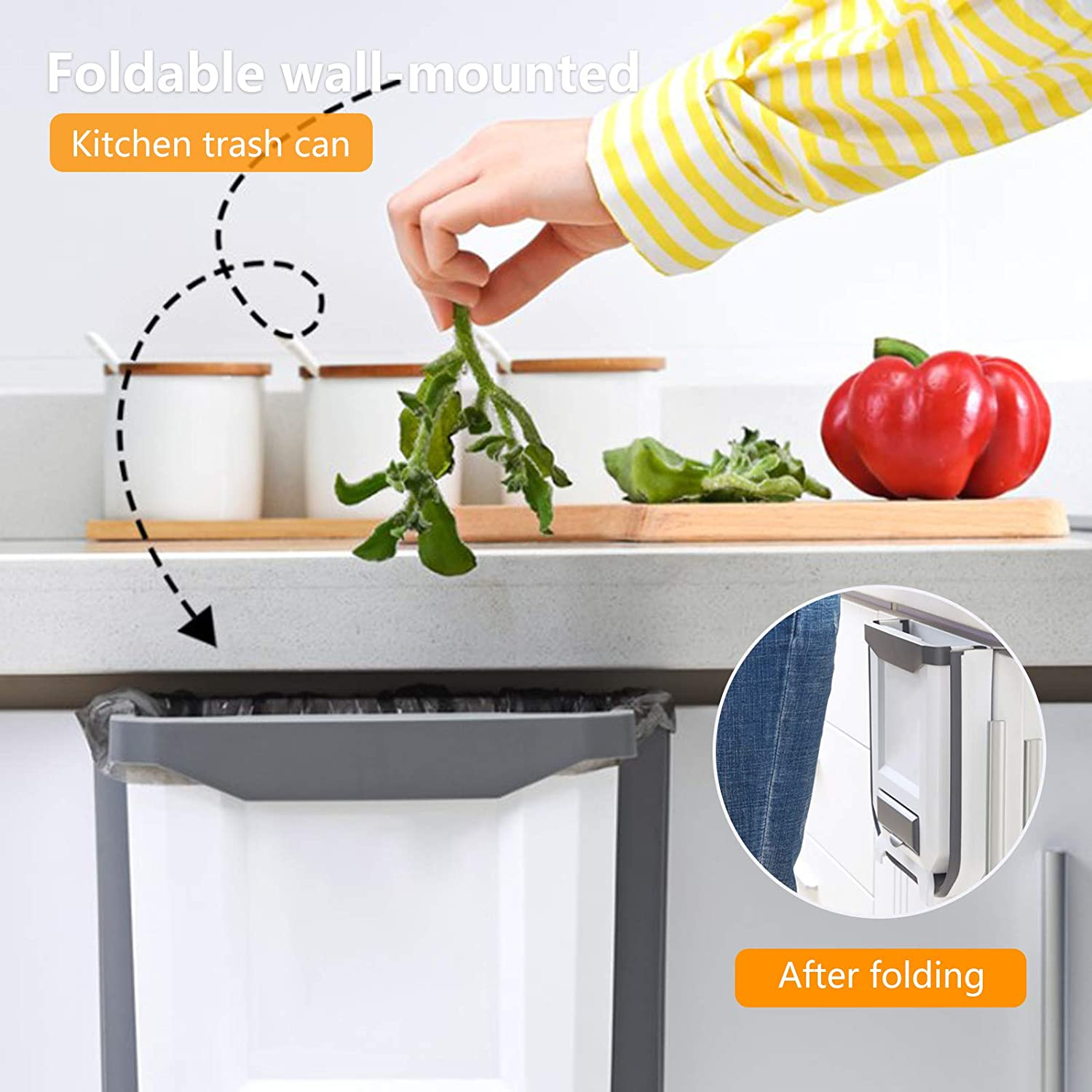 Kitchen Bin,Rubbish Bin Plastic Folding Wall Mounted for Cupboard Door Hanging Trash Can 8L (White) - White image number 2