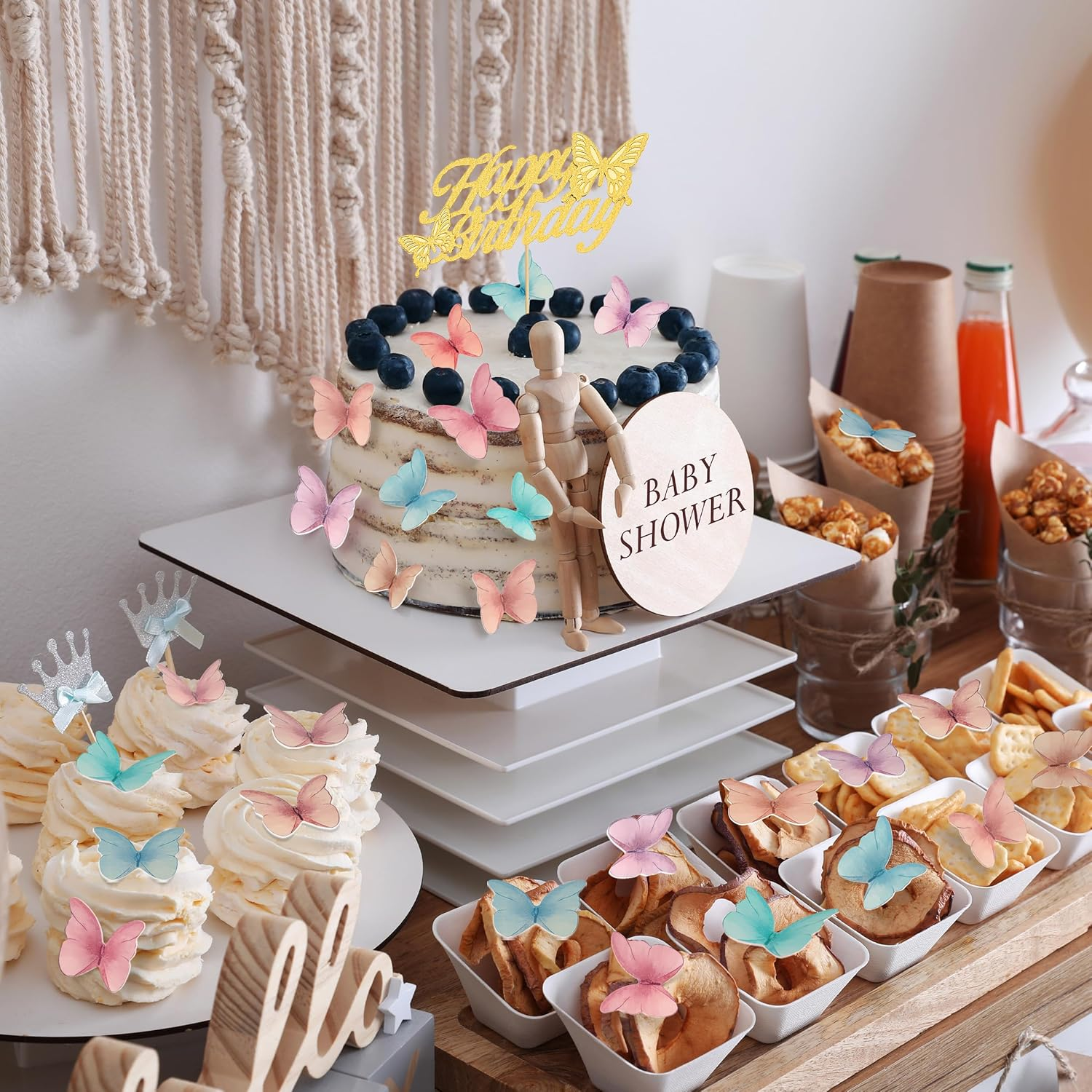 48 Pcs Edible Butterflies for Cake Decorations and 'Happy Birthday' Butterfly Cake Topper, 3D Wafer Paper Butterfly Cupcake Toppers and Cake Topper for Birthday Party Cake Decorations (Mixed Colour)