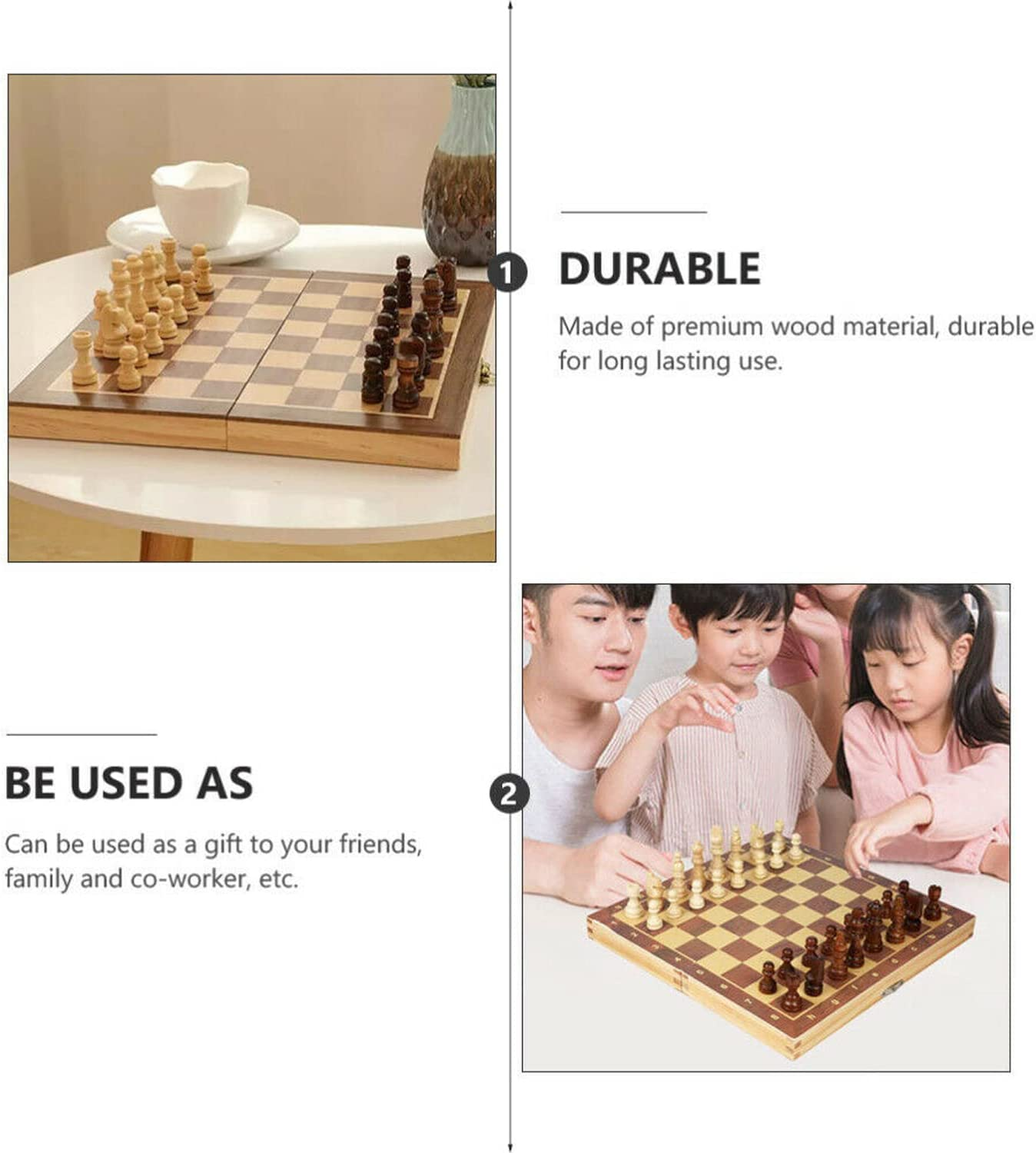 Yotsuba Wooden Chess Set, 40Cm Large Folding Chessboard Pieces Wood with Chessmen Storage Slots Unique Crafted Handmade, 3 in 1 Chess Board Game for Adults and Kids (Chess,Backgammon,Checkers) image number 5