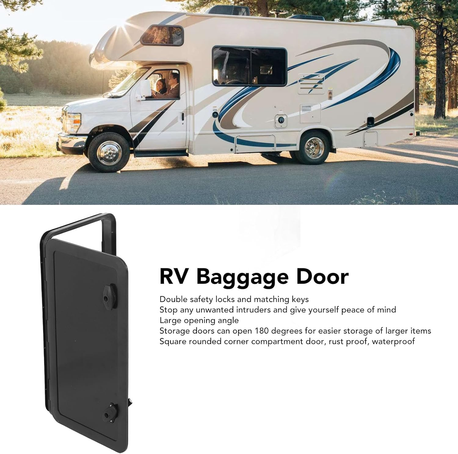 RV Access Door, 380X675Mm RV Baggage Door with Double Lock and Key, 180 Degree Wide Opening Angle, Weatherproof Design, Deck Access Hatch for RV, Trailer, Yacht (Black) image number 1