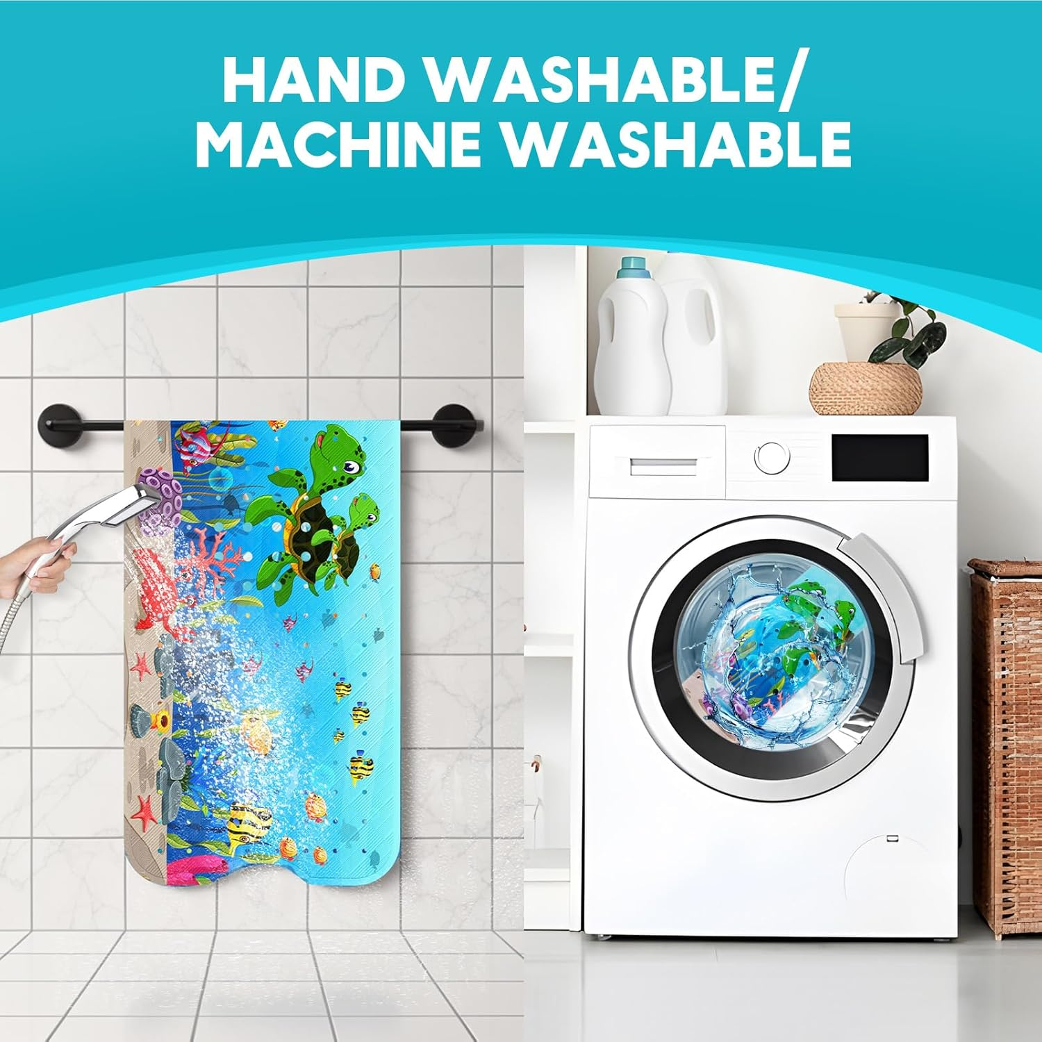 XIYUNTE Baby Bath Mat Non Slip anti Mould, 100X40Cm Extra Long Bathtub Mat anti Slip Shower Mat with Suction Cups and Drain Holes, Cartoon Patterned for Kids, Machine Washable, Sea Turtle image number 3