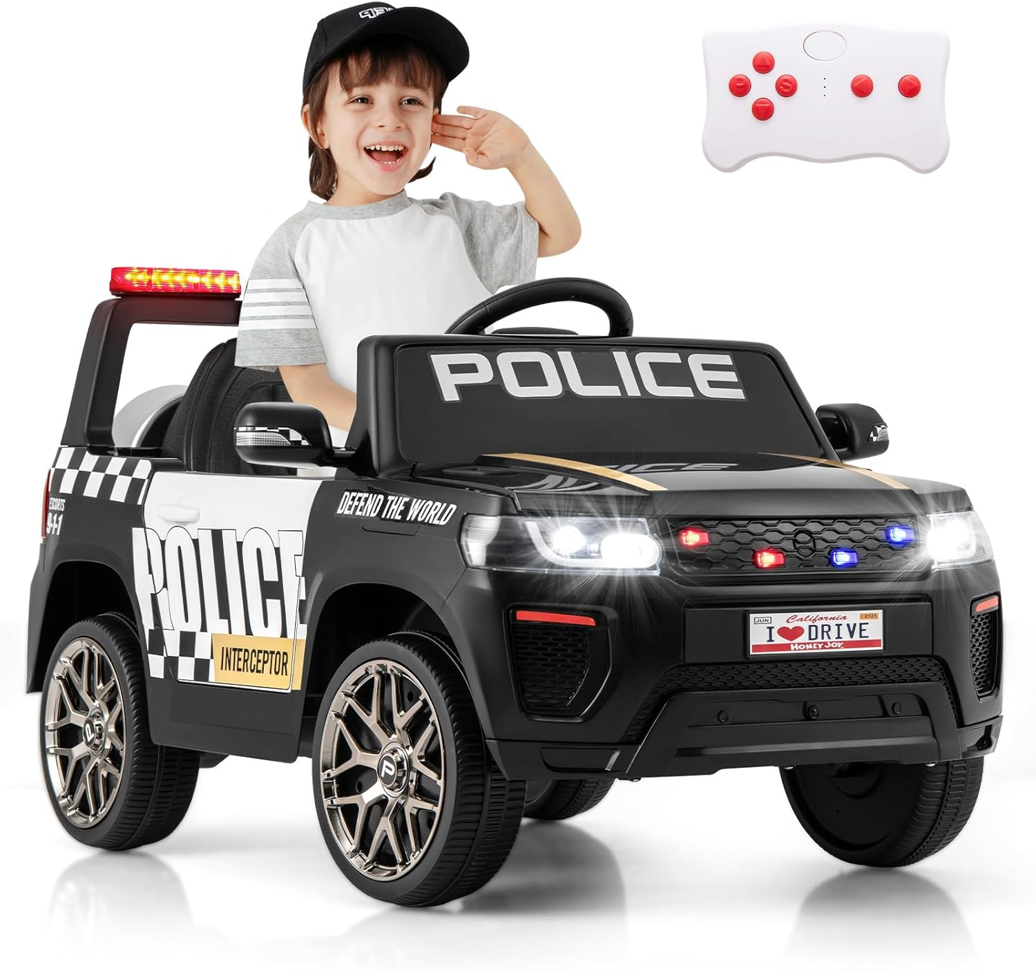 HONEY JOY Kids Ride on Police Car, 12V Electric Battery Powered Cop Car W/Remote Control, Wireless Connection, Music, Horn, Siren & LED Flashing Lights, Vehicle Ride on Toy, Black
