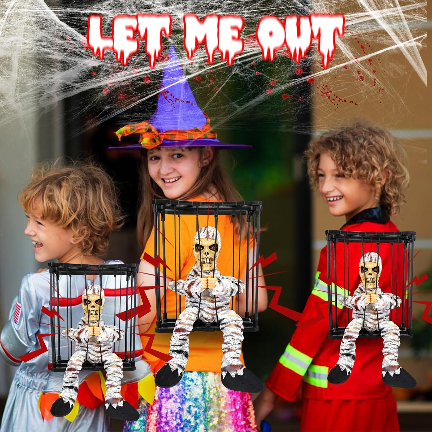 Screaming Animated Halloween Decorations, Halloween Decor Prop with Motion Sensor, Scary Skull Cage Prisoner Haunted House Decor, Spooky Hanging Ghost Eyes Glow Decorations (Color D) image number 5