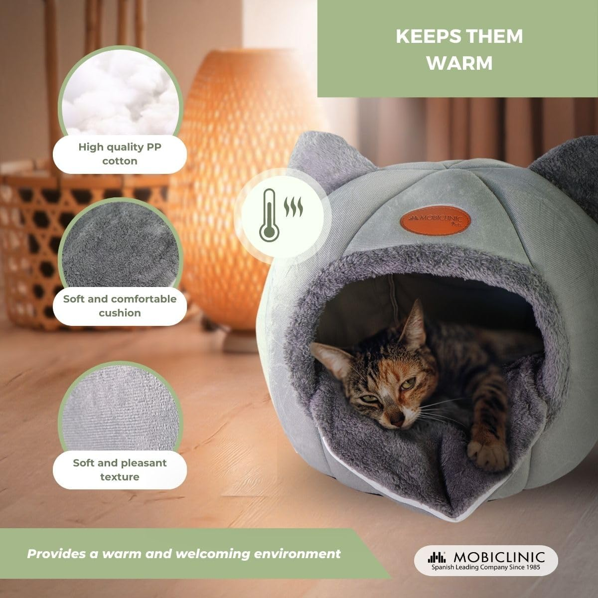 Mobiclinic&reg; Pets Cat Bed, Cave Nest, Hellocatty, Machine Washable, Easy to Fold and Store, Non-Slip, Comfortable and Removable Cushion, 25D Foam, Modern Design